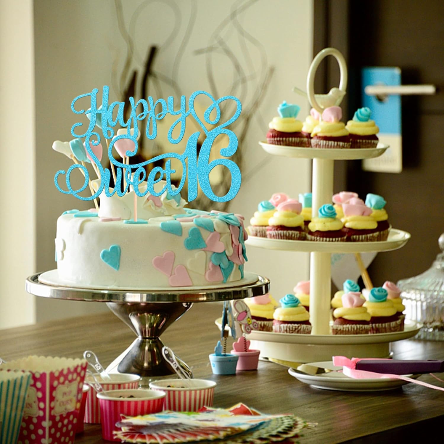 1 pieza de decoración de pastel con purpurina para cumpleaños de 16 años, decoración de pasteles para cumpleaños de 16 años, decoración de pasteles
