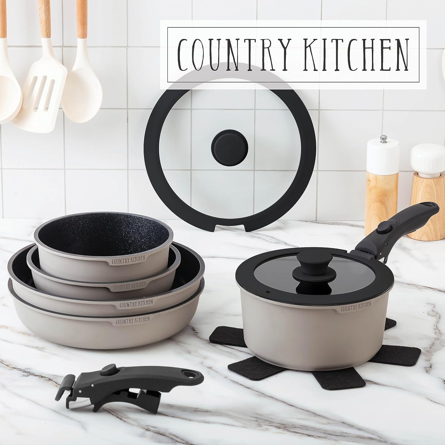 Country Kitchen Juego de ollas y sartenes de 16 piezas, utensilios de cocina antiadherentes de cerámica saludables y seguros con mango extraíble