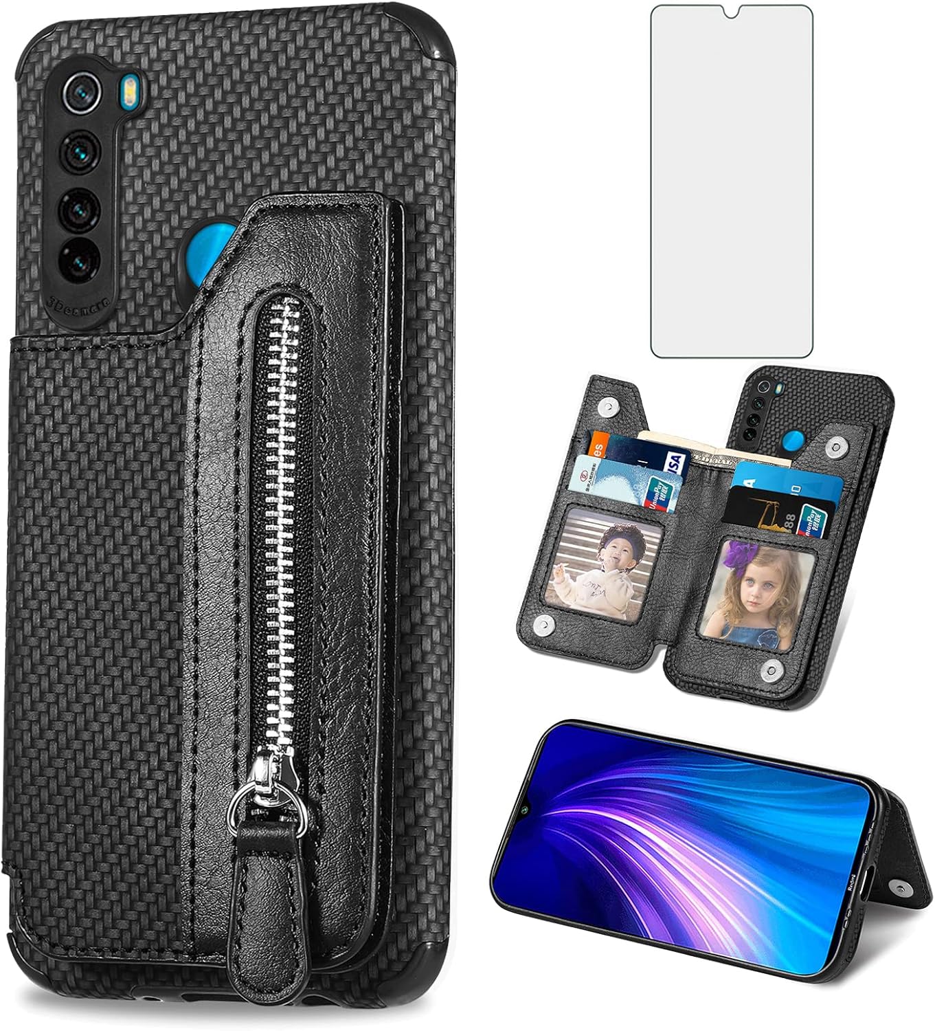 Funda de teléfono para Xiaomi Redmi Note 8 Funda tipo cartera con protector de pantalla de vidrio templado y cremallera Soporte para tarjeta de