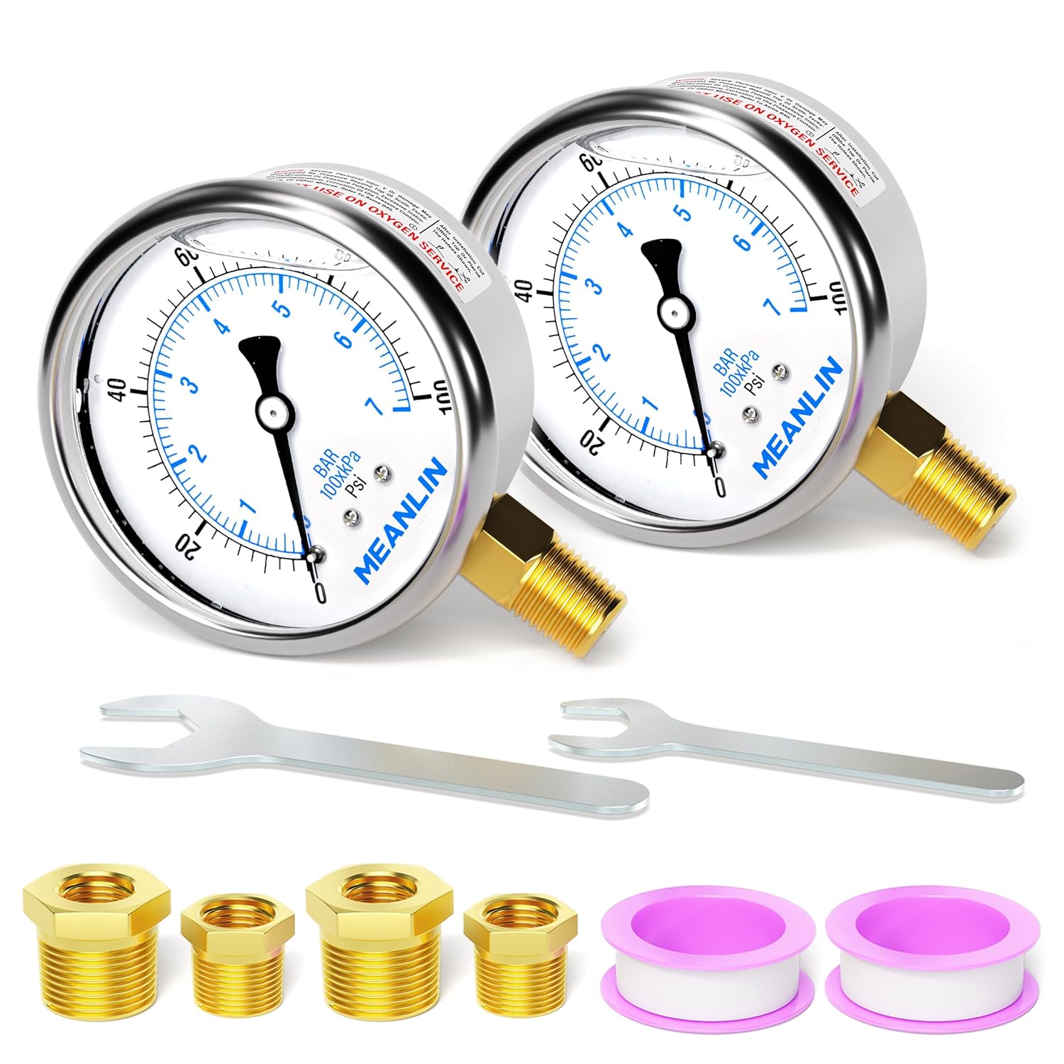 MEANLIN MEASURE 0  100 psi, esfera de acero inoxidable de 14 de pulgada NPT de 2.5 pulgadas, medidor de presión relleno de líquido, montaje inferior