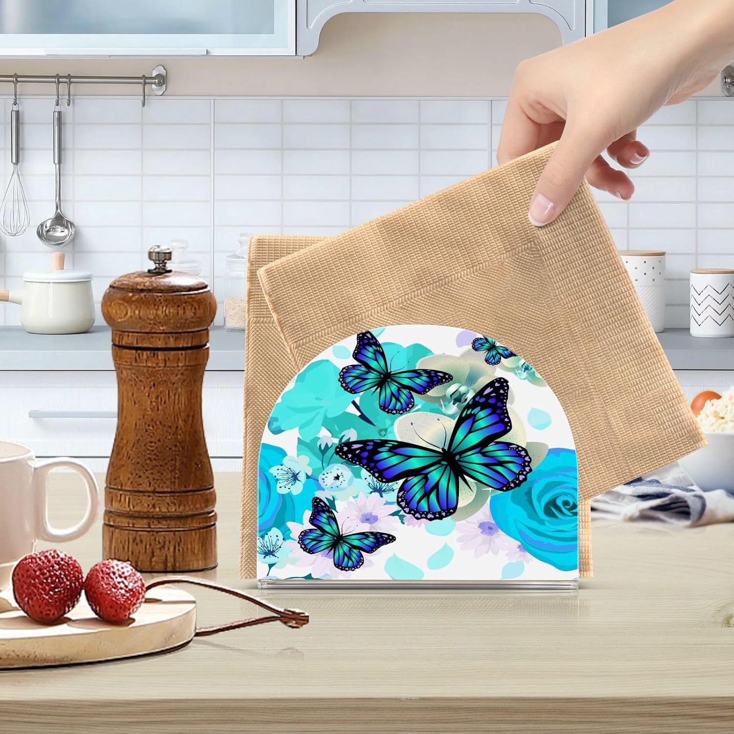 Servilletero con diseño de flores y mariposas para mesa, dispensador independiente de pañuelos, soporte de servilleta de acrílico para encimera,