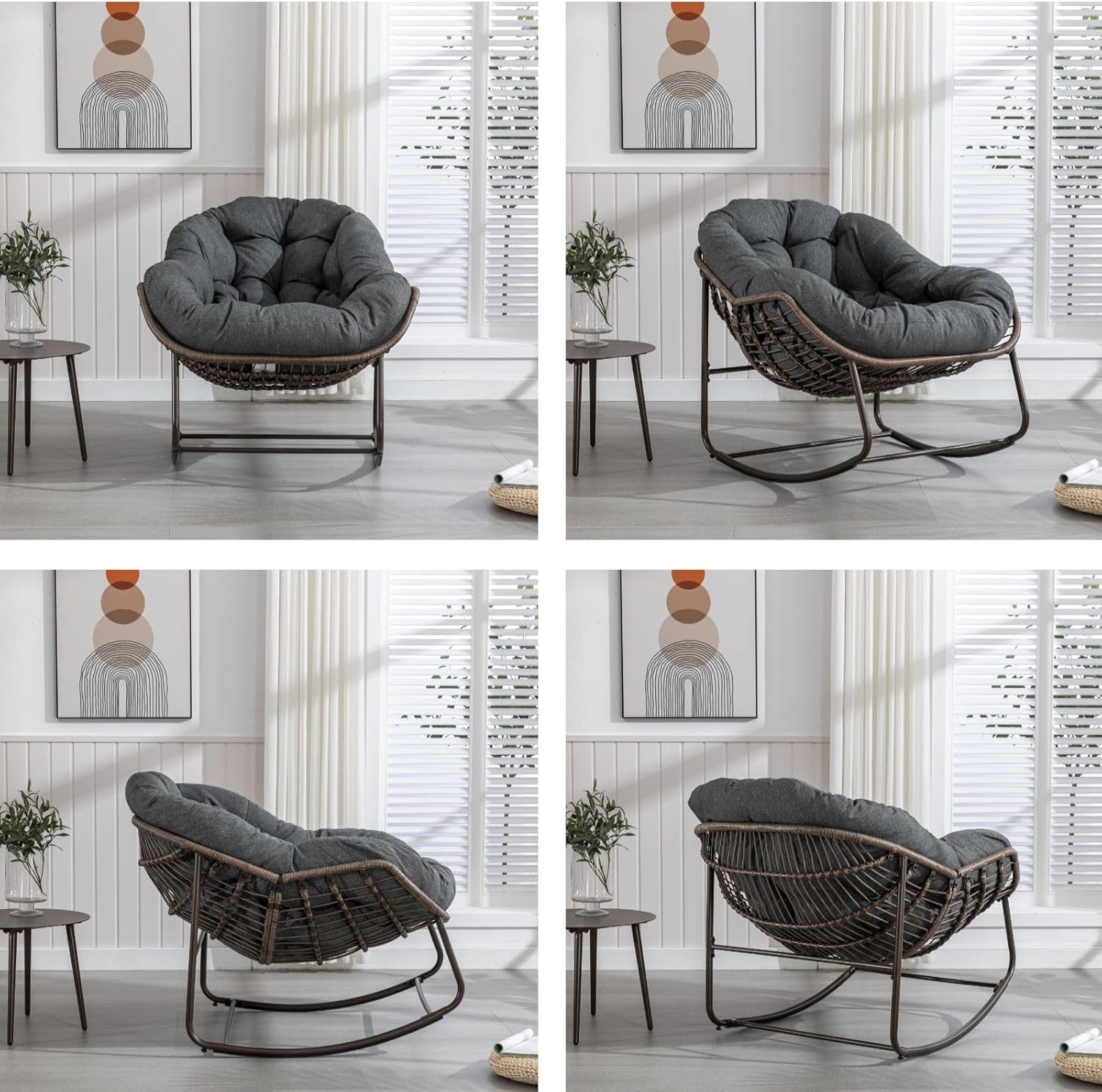 Luccalily Silla mecedora para porche delantero para interiores y exteriores, silla reclinable acolchada de ratán, para patio, jardín, sala de estar