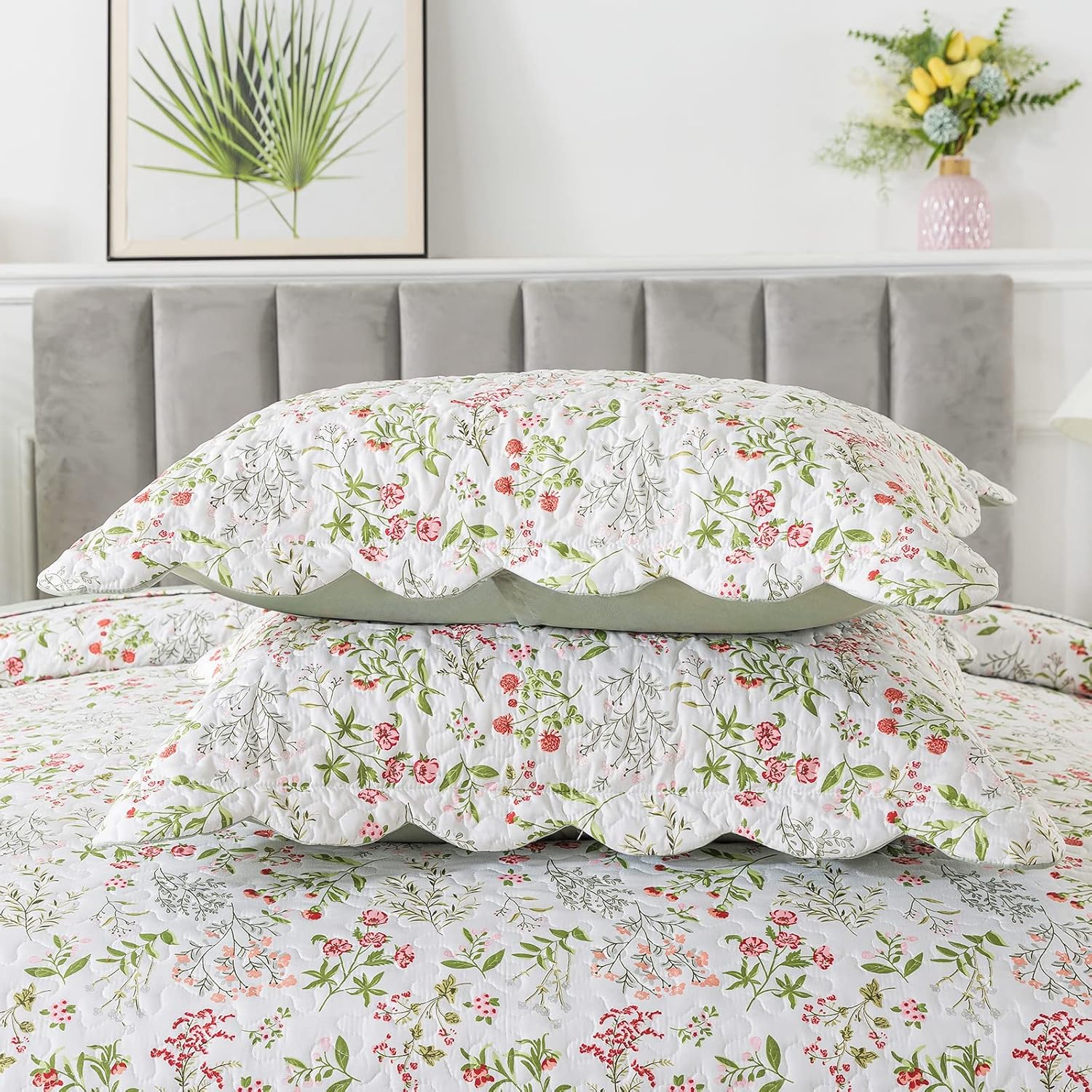 HoneiLife Colcha floral tamaño King  Juego de edredón de microfibra de 3 piezas, colchas ligeras de flores silvestres, funda de cama natural, juego