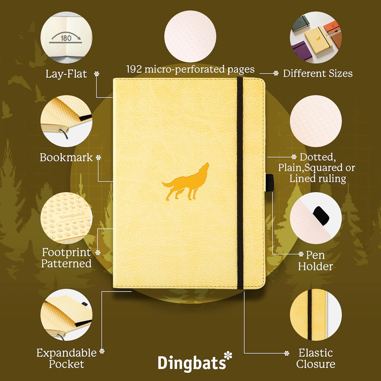 Dingbats* Diario de puntos de vida silvestre A5 – Tapa dura de cuero vegano, ideal para el trabajo, viajes, bolsillo, cierre elástico, marcapáginas