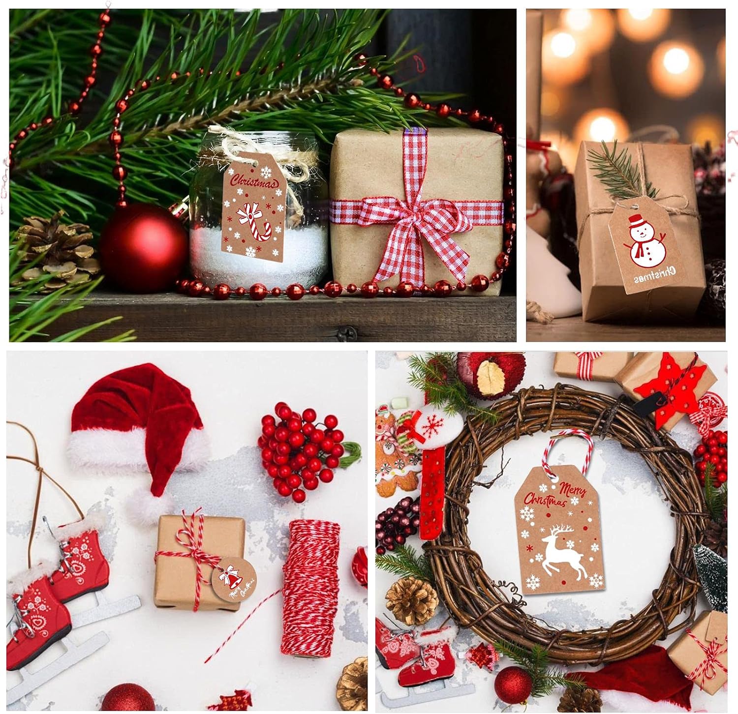 Paquete de 100 etiquetas de regalo de papel kraft de Navidad, etiquetas de papel kraft marrón navideño, etiquetas colgantes de Navidad con cuerda de