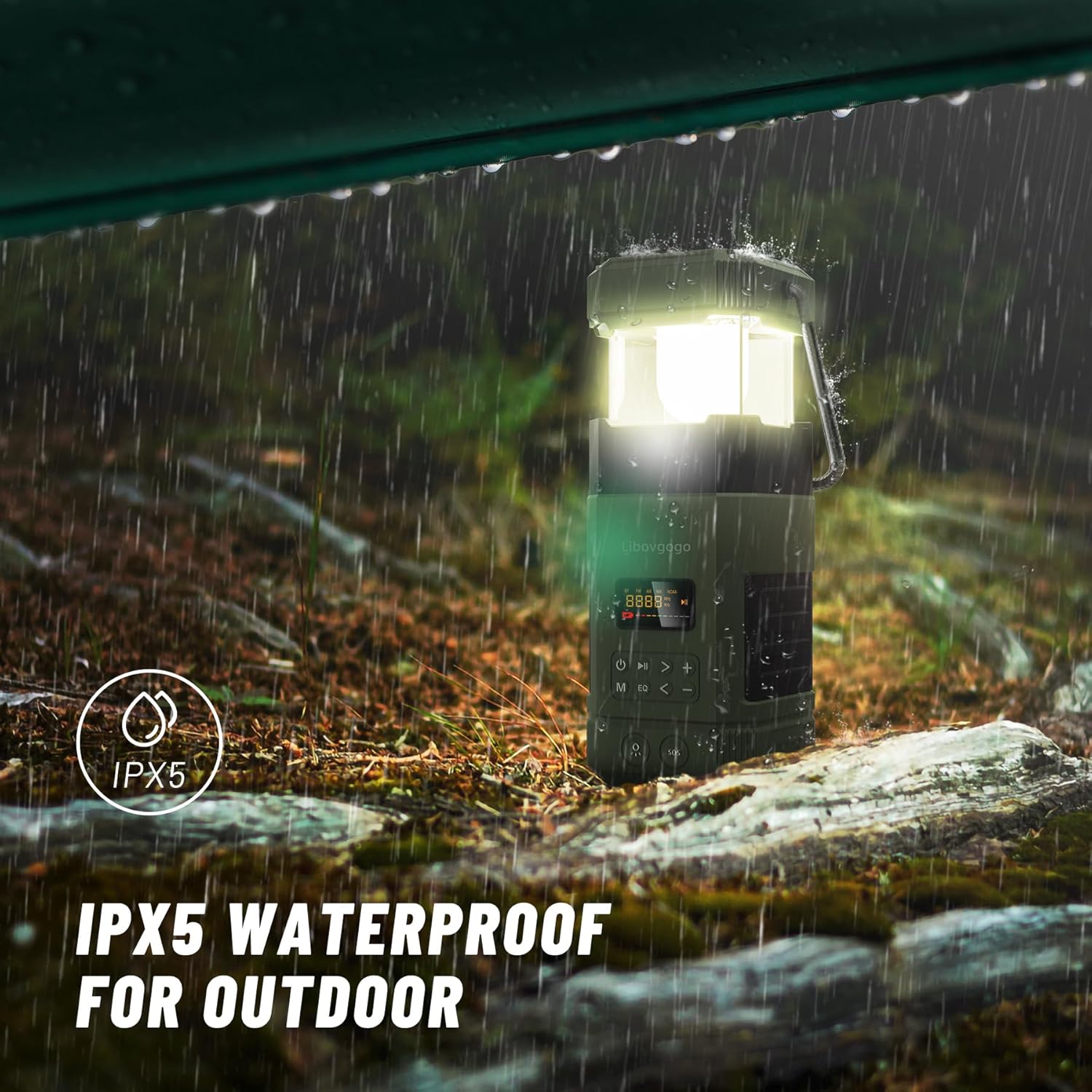 Libovgogo DF-585 – Linterna LED de emergencia para acampar, altavoz Bluetooth estéreo impermeable IPX5, radio de alerta meteorológica NOAA con