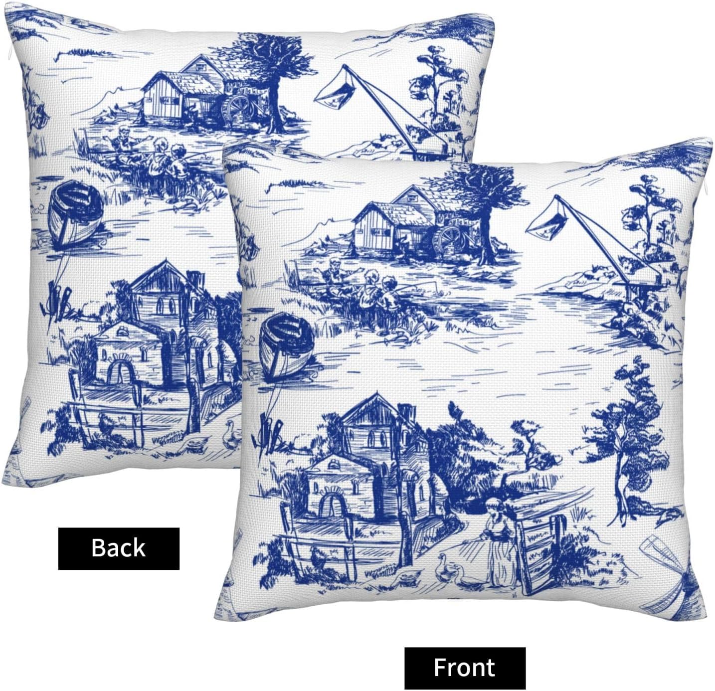 Fundas de almohada Toile, funda de almohada azul Toile, decoración de campo francés, funda de almohada azul y blanca, fundas de almohada de lino