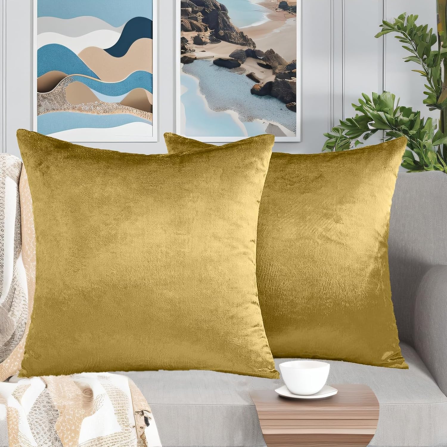 FULDGAENR Juego de 2 fundas de almohada de terciopelo de 16 x 16 pulgadas para sofá y sofá, fundas de almohada decorativas doradas cuadradas de 16 x