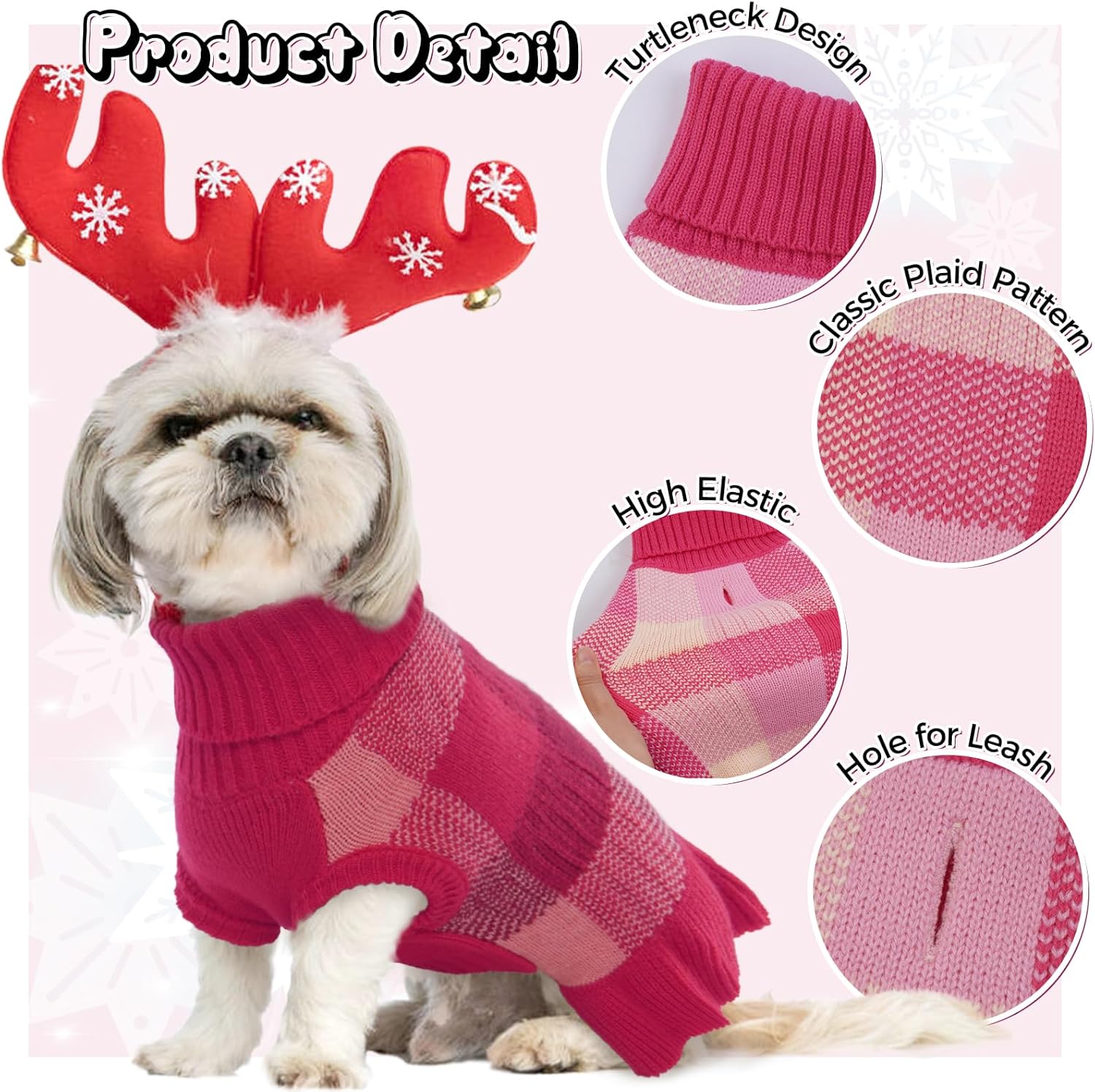 Lelepet Vestido suéter para perro, suéter para perros pequeños para niñas, suéteres de cuello alto para perros pequeños, suéter de Navidad para