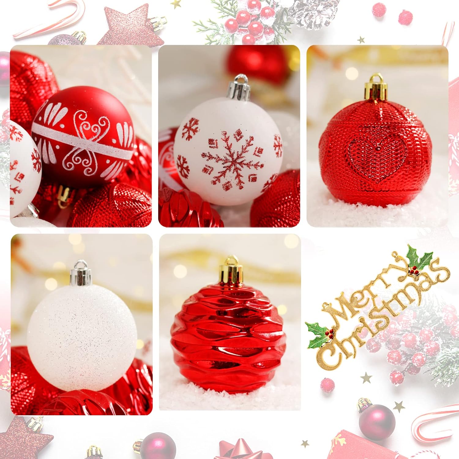Adornos de bola de árbol de Navidad inastillables de 30 unidades, bolas rojas y blancas de 2.36 pulgadas, juego a granel para decoración de fiestas