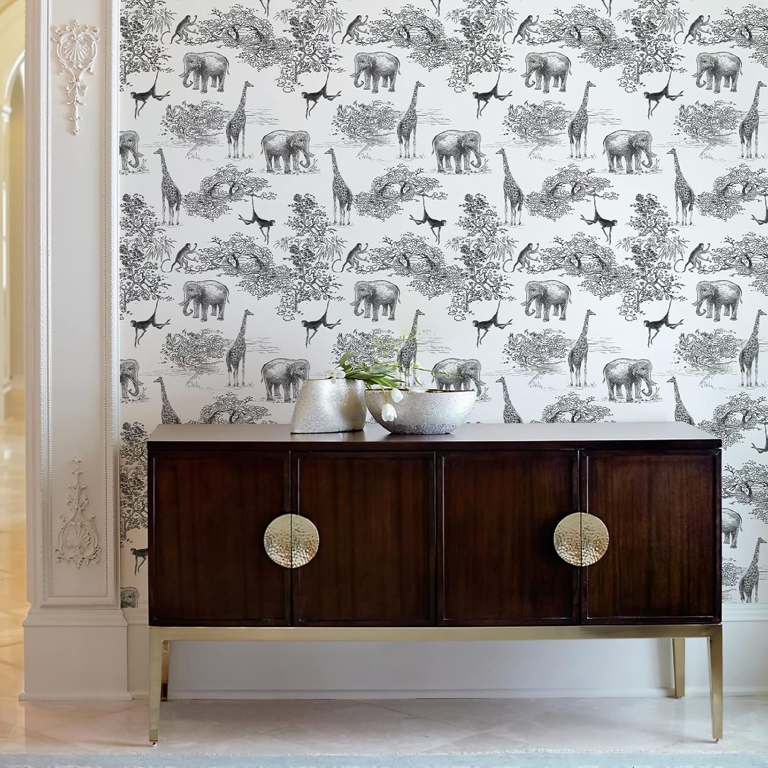 Papel tapiz autoadhesivo con diseño de jirafa y elefante, color negroblanco, para habitación de los niños, papel tapiz de animales del bosque, papel
