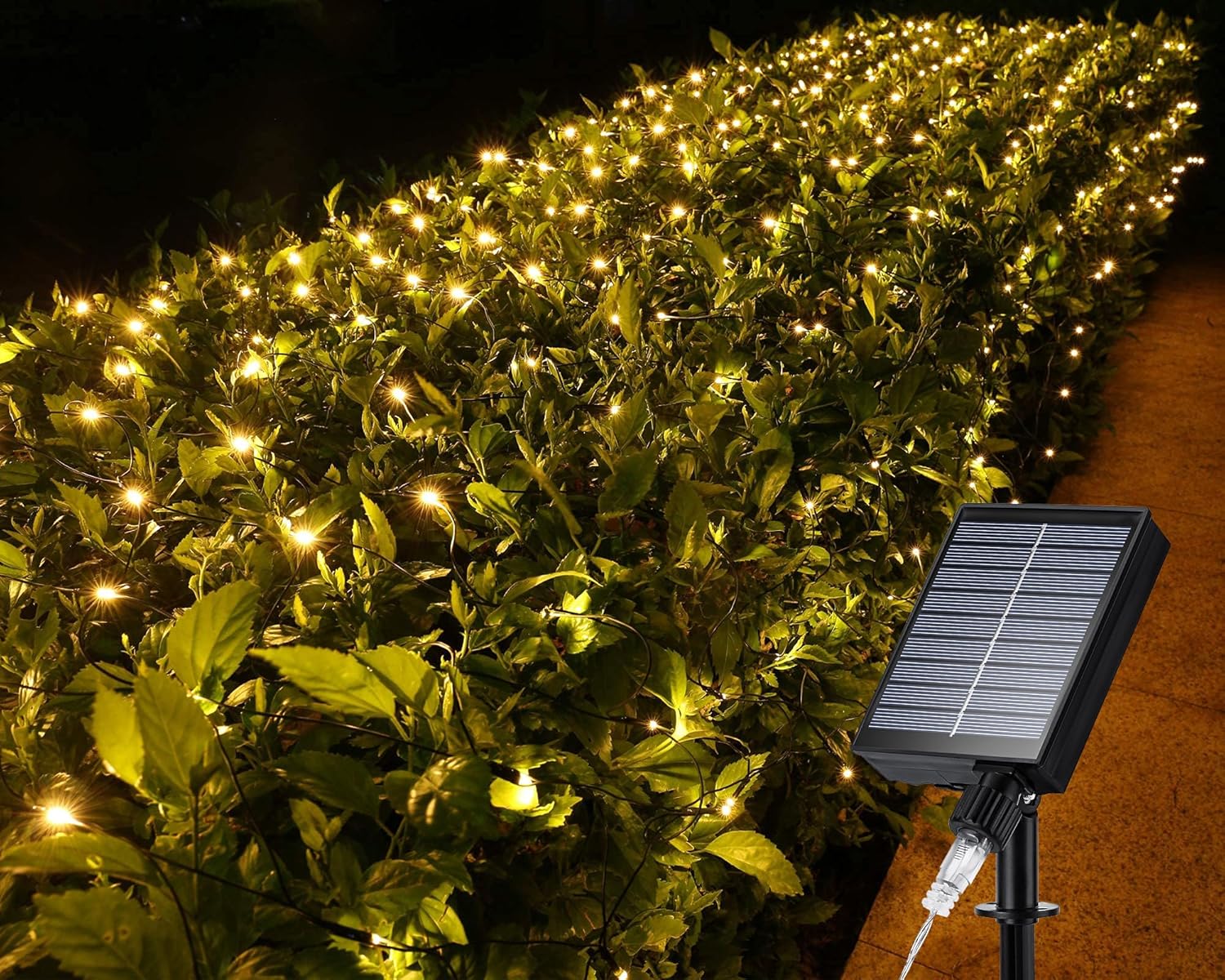 iBaycon Luces solares de red de Navidad, luces de malla de red de 5 x 5 pies con 8 modos y temporizador, luces solares impermeables para árboles de