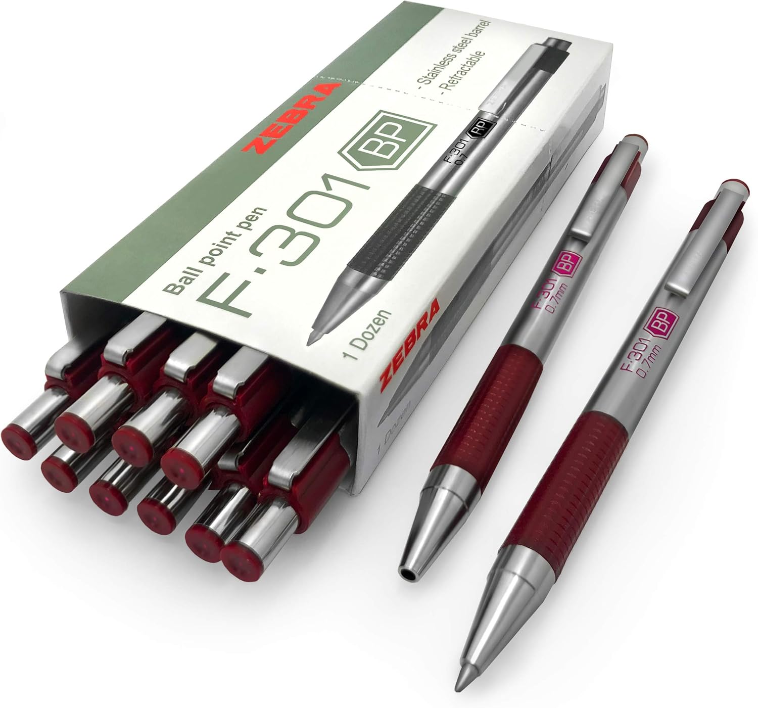 Zebra F-301 – Bolígrafo retráctil de acero inoxidable, 0.028 in, mediano, tinta azul, barril granate, paquete de 12