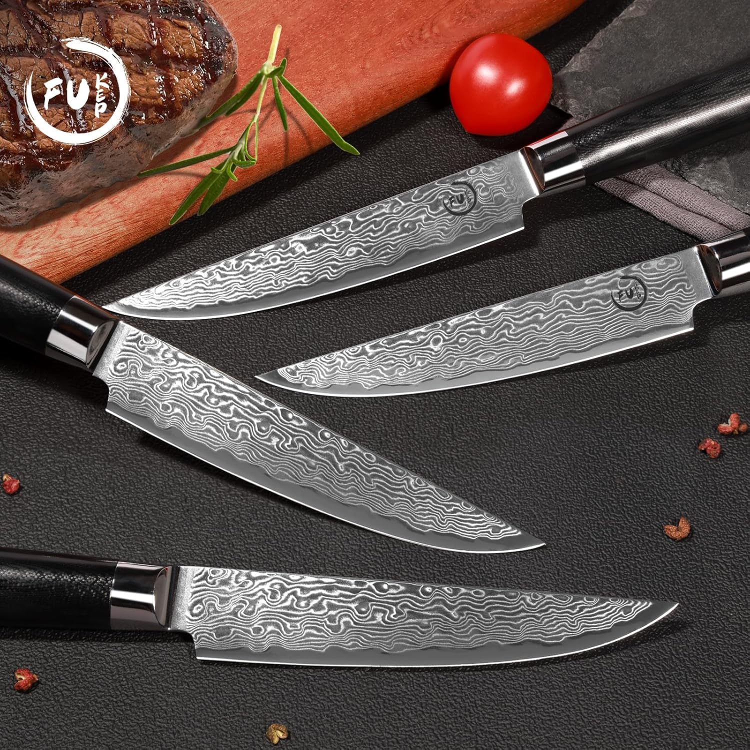 Fukep Juego de 4 cuchillos para carne, súper afilados de 5 pulgadas, juego de cuchillos de carne de damasco japoneses VG10 con núcleo de acero de 73