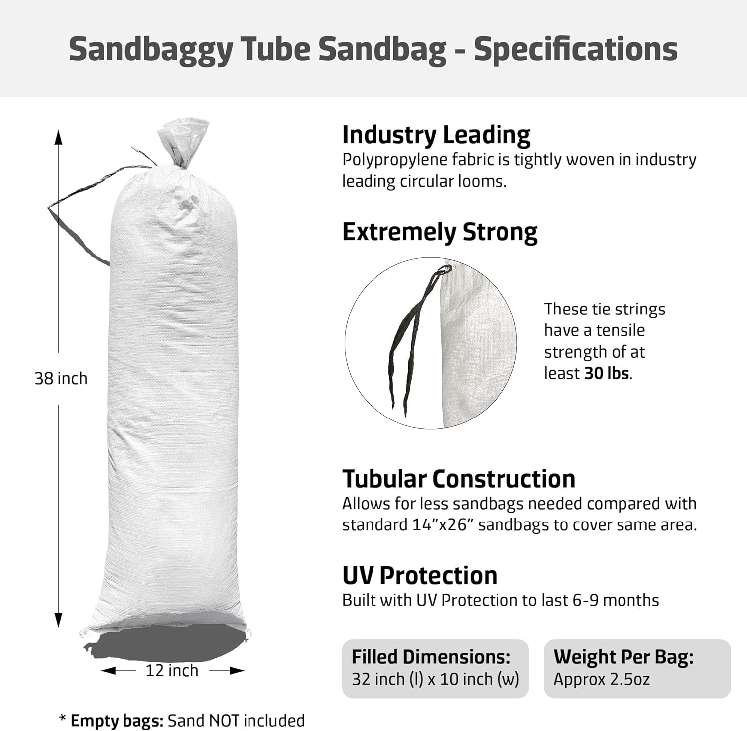 Sandbaggy Bolsas de arena de tubo de 38 pulgadas por 12 pulgadas  Tela resistente de grado industrial  Capacidad de peso de 90 libras  Barrera de