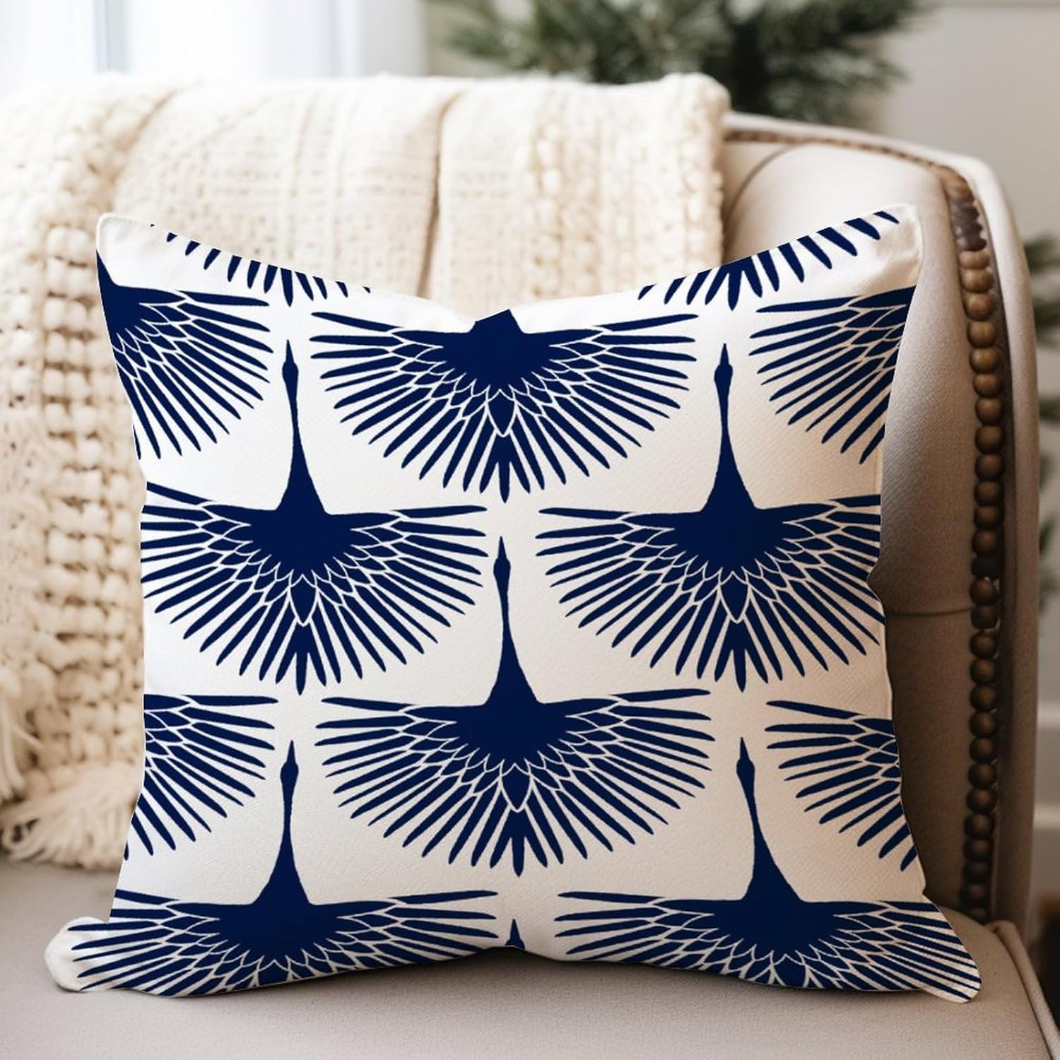 Fundas de cojín estilo asiático chinoiserie azul marino cisne decoración del hogar, fundas de almohada de lino de lino con pájaro elegante azul