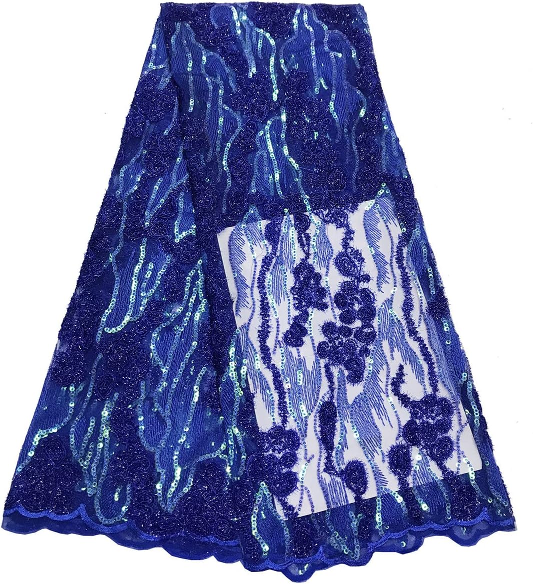 Tngan Tela de encaje de lentejuelas elegante bordado floral africano encaje purpurina nigeriana tul red para coser vestido de novia, 5 yardas, azul