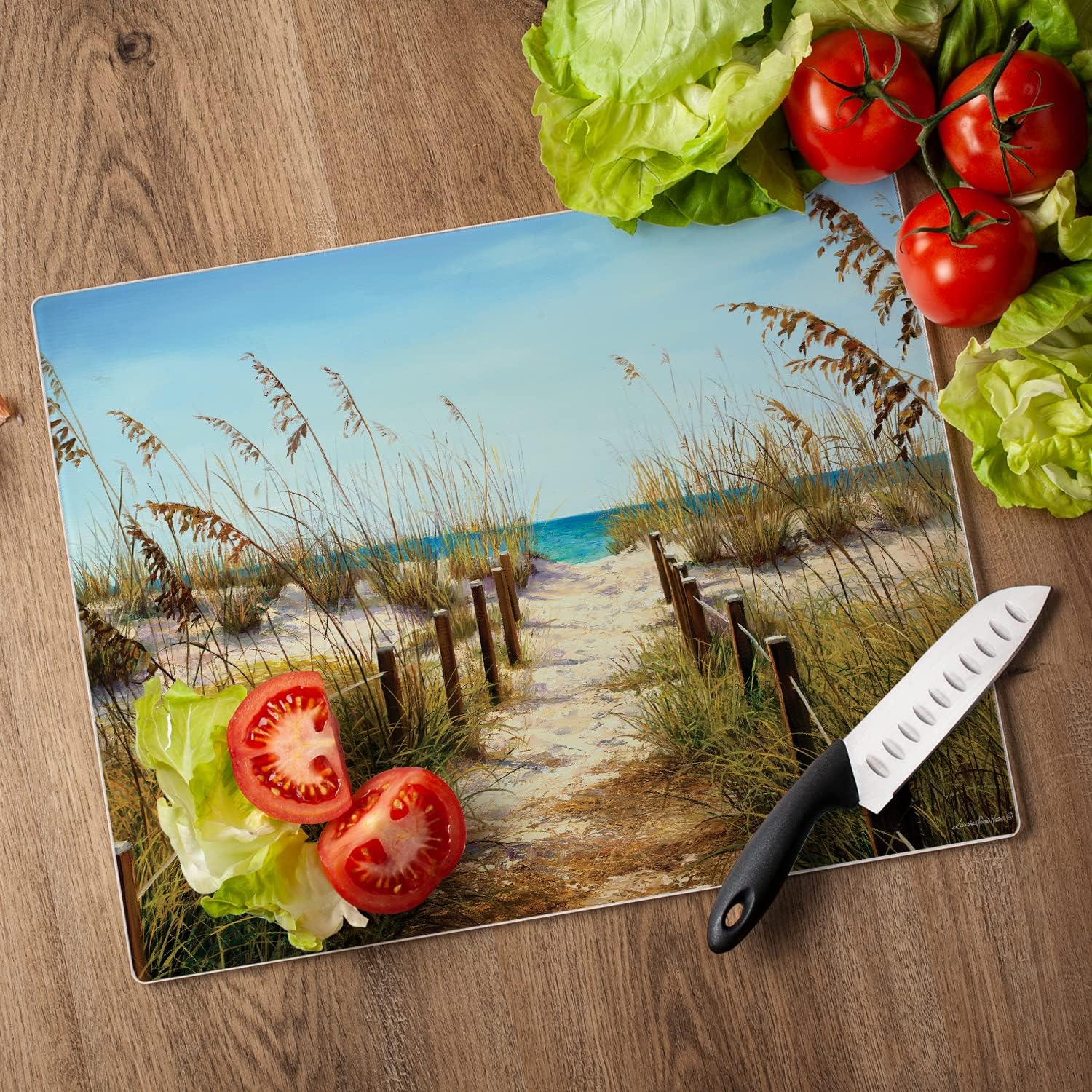 CounterArt Path to the Ocean – Tabla de cortar de vidrio templado tolerante al calor de 0.118in, 15 x 12 pulgadas, fabricada en los Estados Unidos,