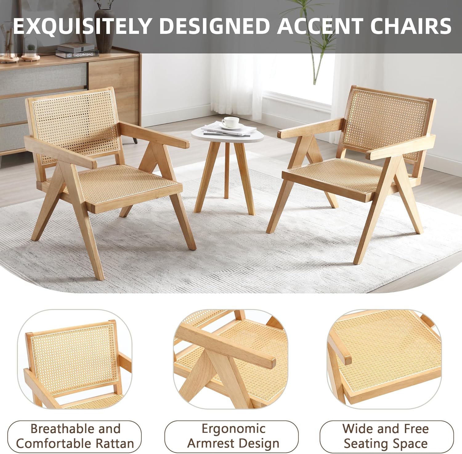 GOOLON Juego de 2 sillas decorativas de ratán, sillas de sala de estar, sillas de madera de diseño moderno de mediados de siglo con respaldo grande,