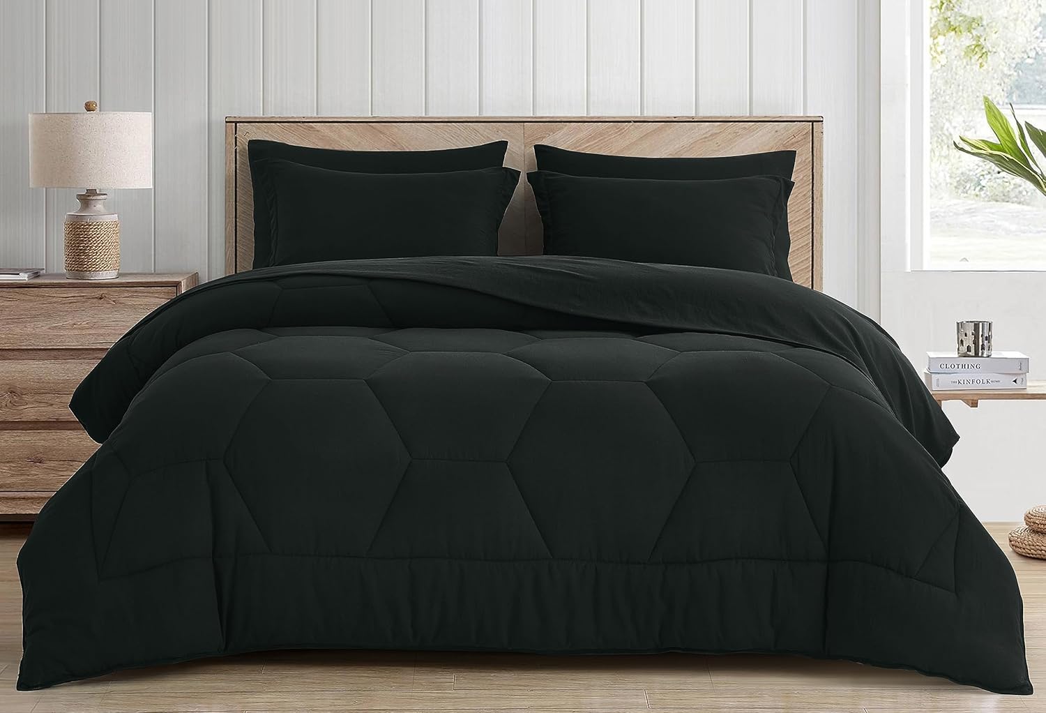Chezmoi Collection Piper – Juego de cama matrimonial en una bolsa, 7 piezas con diseño geométrico de panal de abeja, acolchado de microfibra lavada