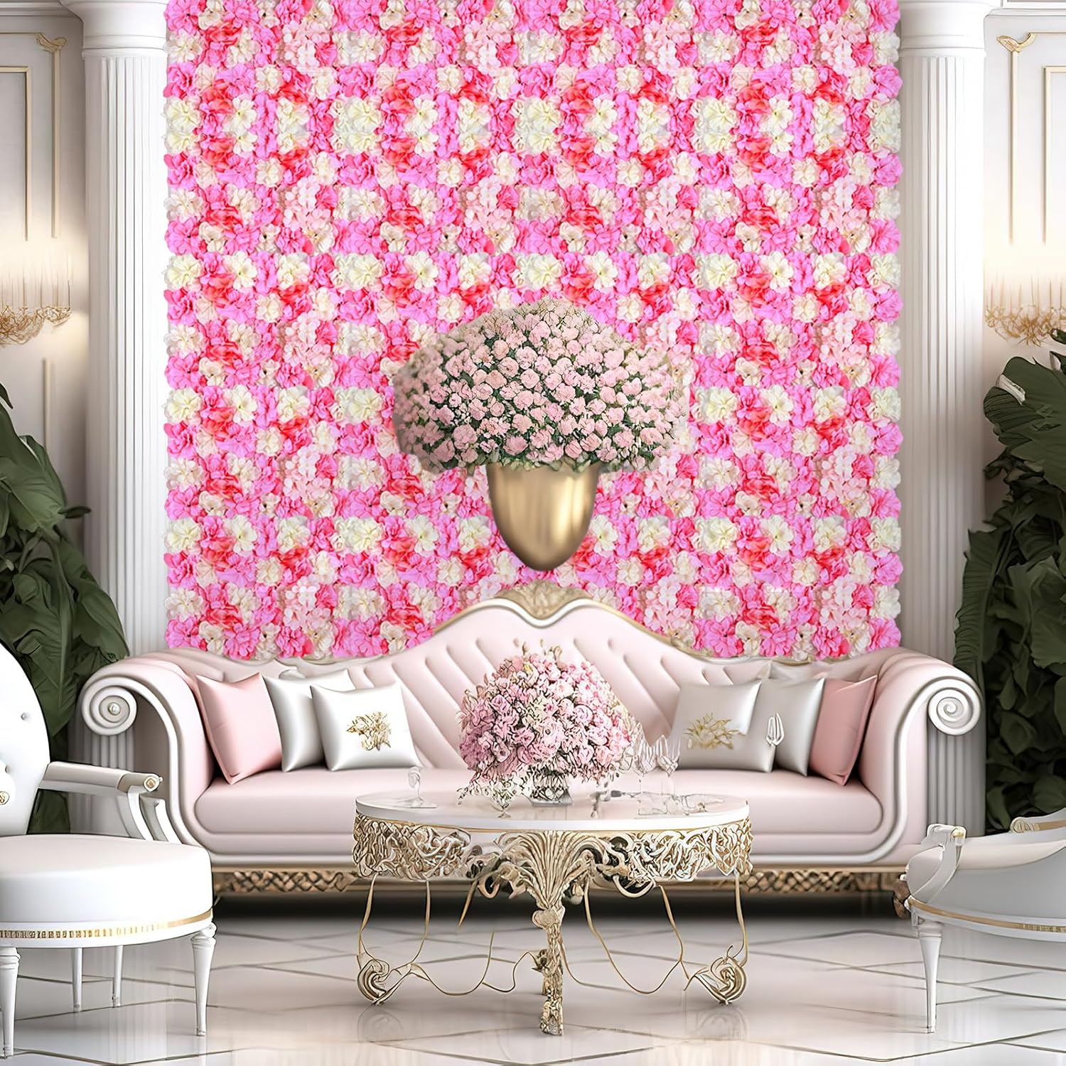Omldggr Paquete de 6 paredes de flores artificiales de seda blanca y rosa de 12 x 16 pulgadas, pared de dalia rosa sintética, tapete de pared de