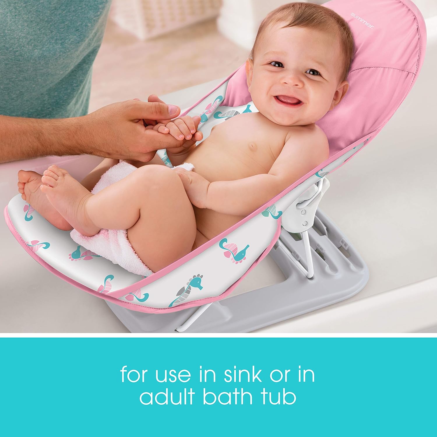 Summer Infant Bañista de lujo para bebé (caballito de mar)  Soporte de baño para uso en el fregadero o bañera  Incluye 3 posiciones reclinables