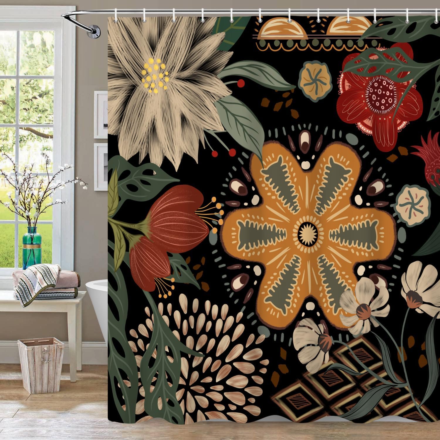Cortinas de ducha bohemias florales para baño, 60 pulgadas de ancho x 72 pulgadas de alto, modernas cortinas de ducha florales botánicas abstractas