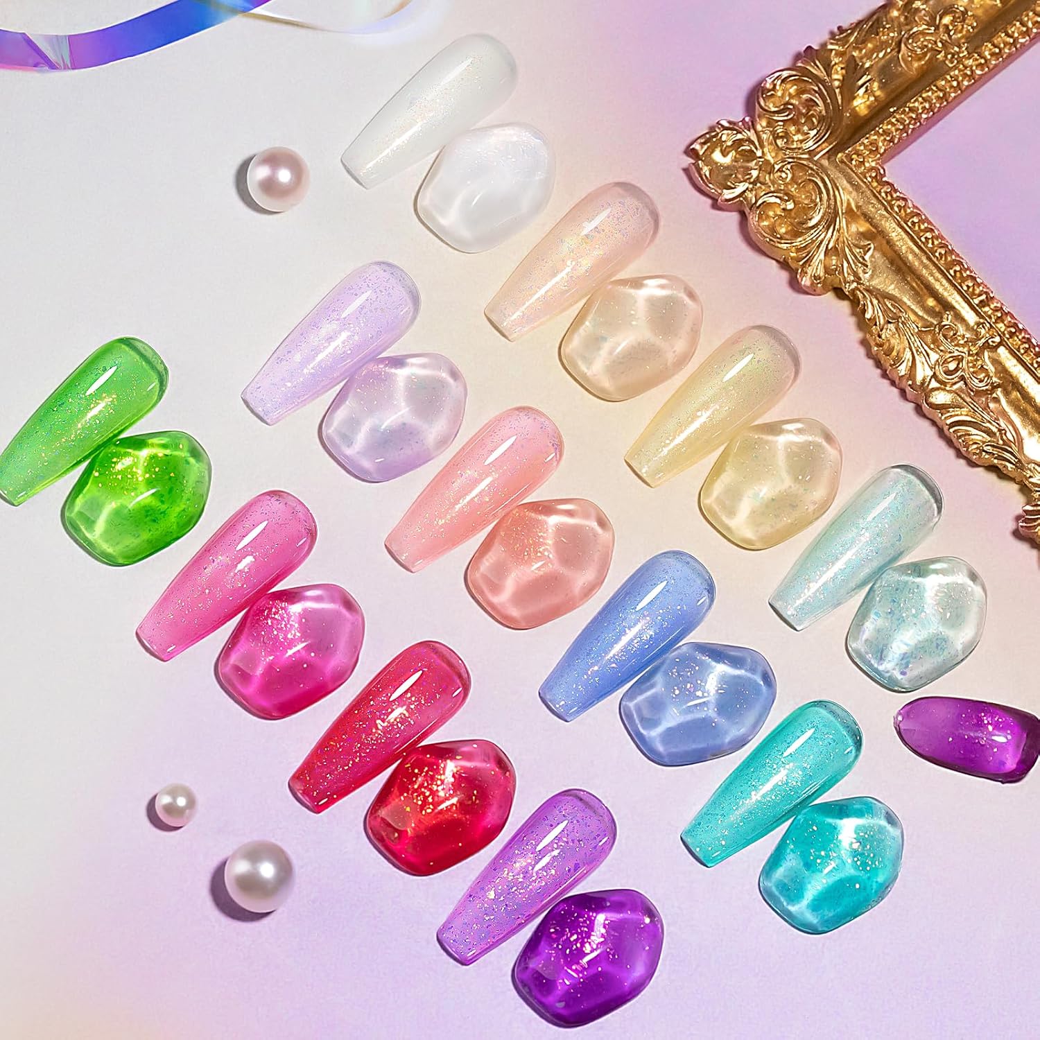 MIZHSE 12 esmaltes de gel de gelatina con purpurina, arte de uñas iridiscente brillante transparente, juego de manicura de verano de gel de