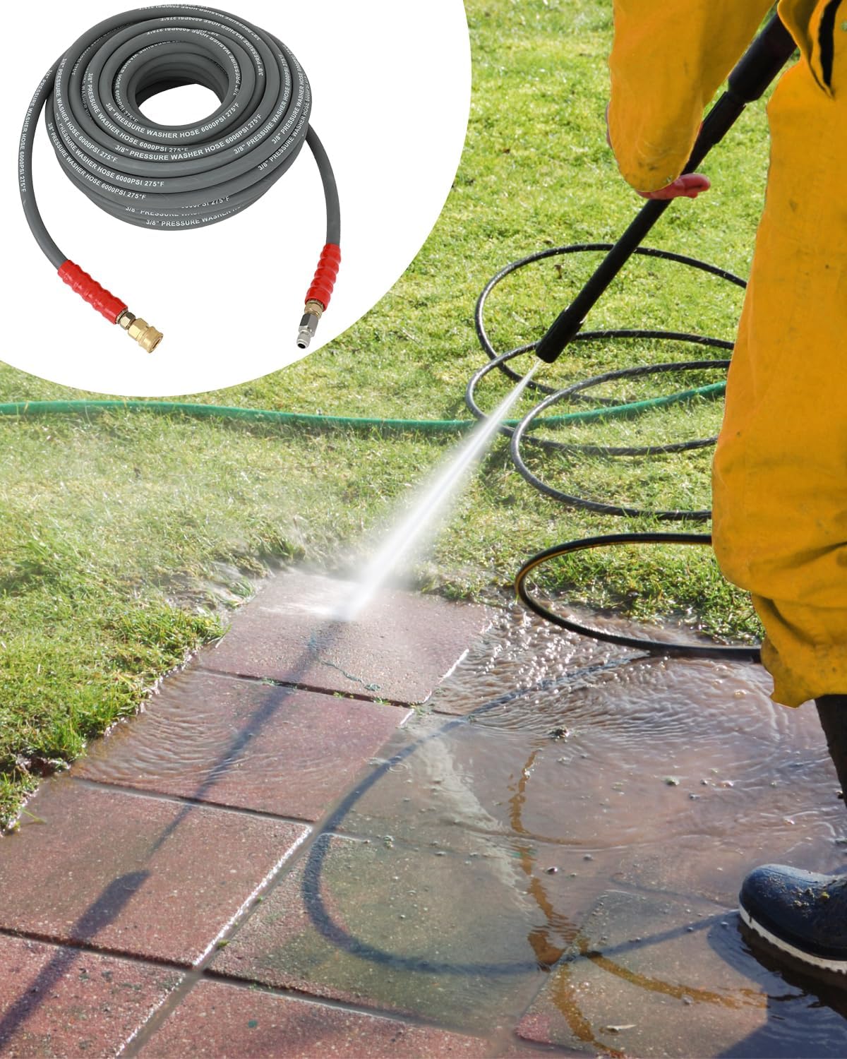 OCPTY Manguera de lavado a presión de agua caliente 38 “x 100 pies 6000 psi sin marcas 2 trenzas R2 gris