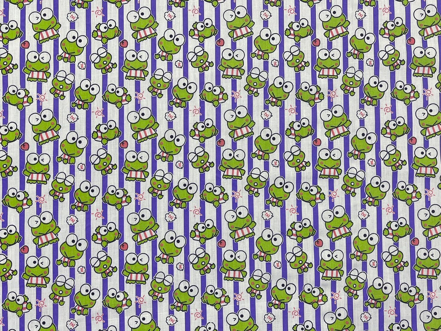 44 pulgadas verde Keroro Happy Frog rayas moradas impresas en tela de algodón blanco patrón temático con ranas para manualidades, parches