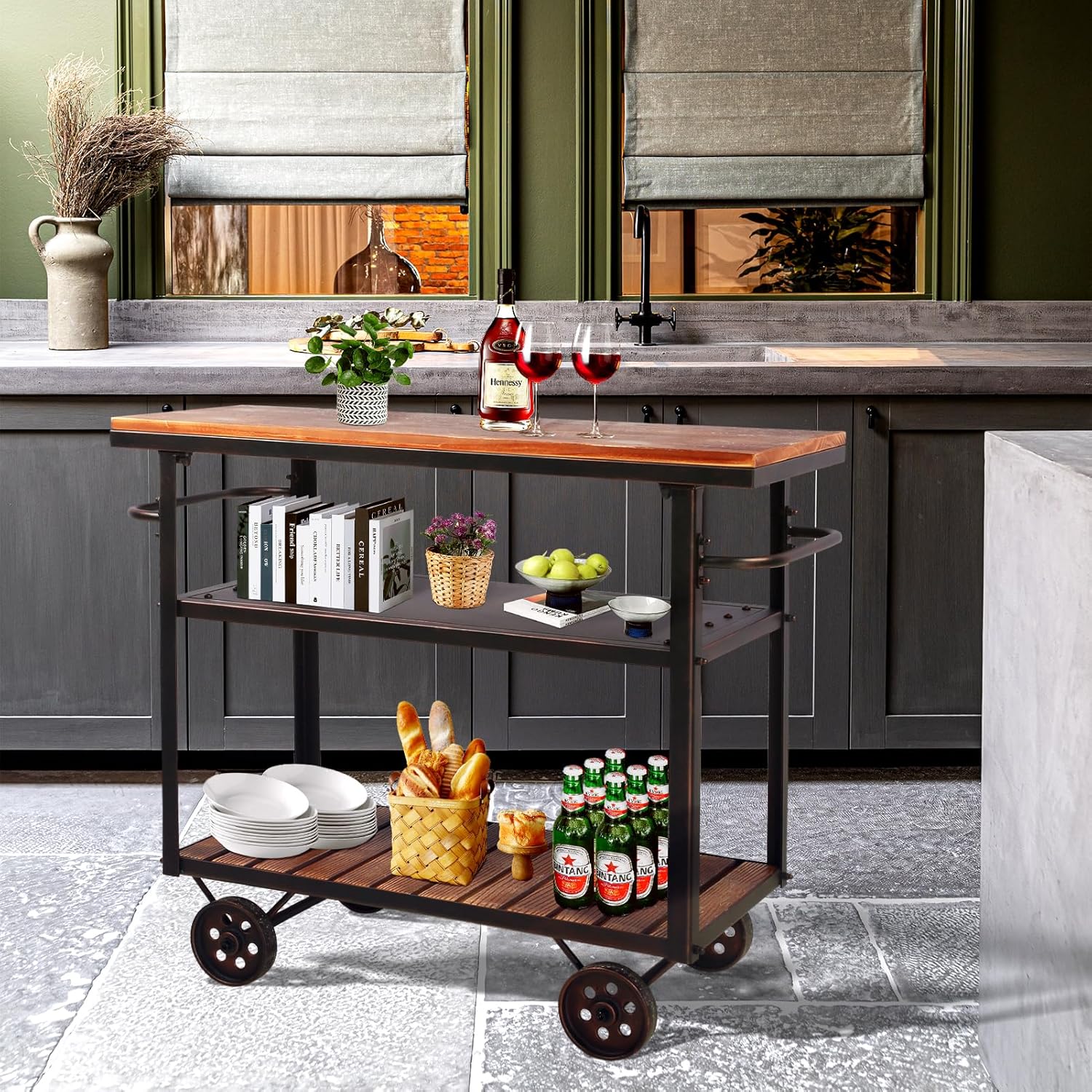Carrito de bar industrial, carrito de servicio con ruedas y asa, carrito de metal para bebidas de 3 niveles con bandeja extraíble y estantes de