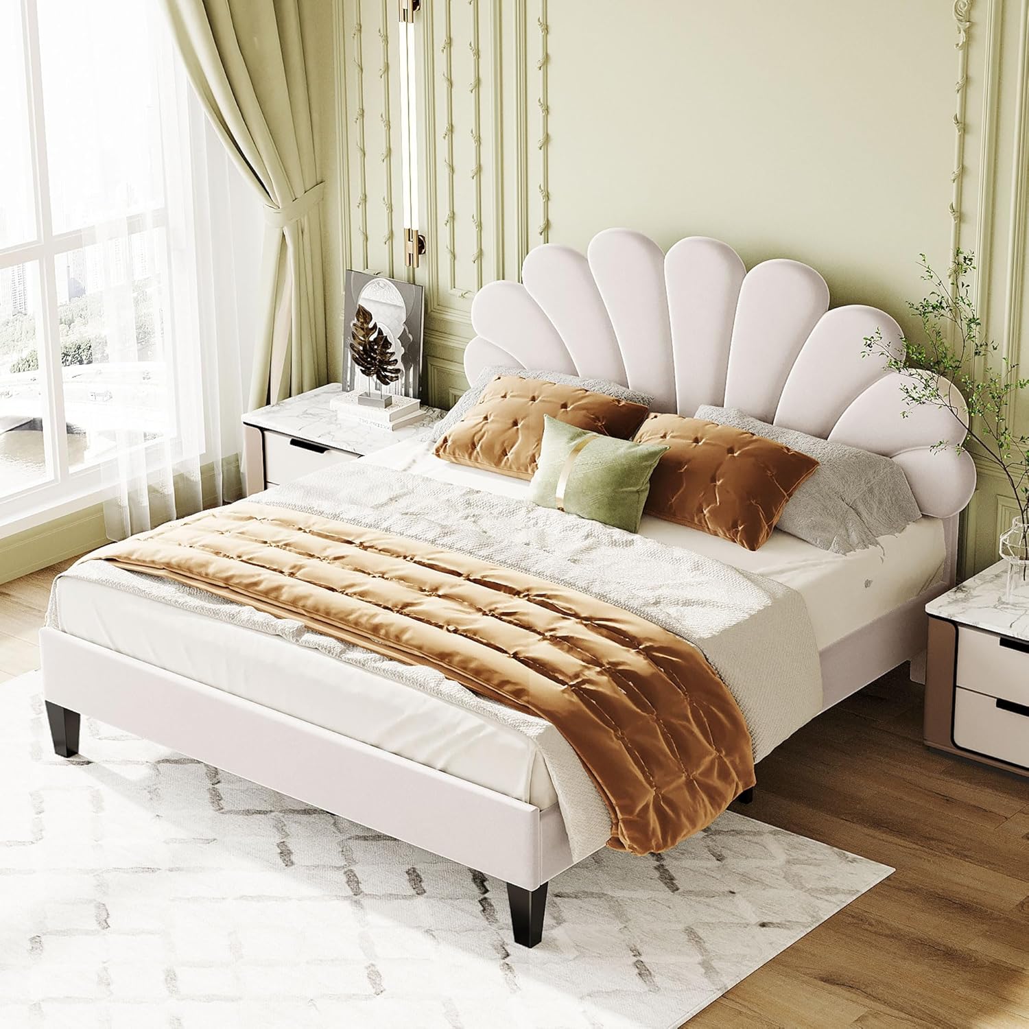 Merax Cama de plataforma tapizada tamaño Queen con marco de madera con patrón de flores cabecera de terciopelo para dormitorio, niños, niñas y