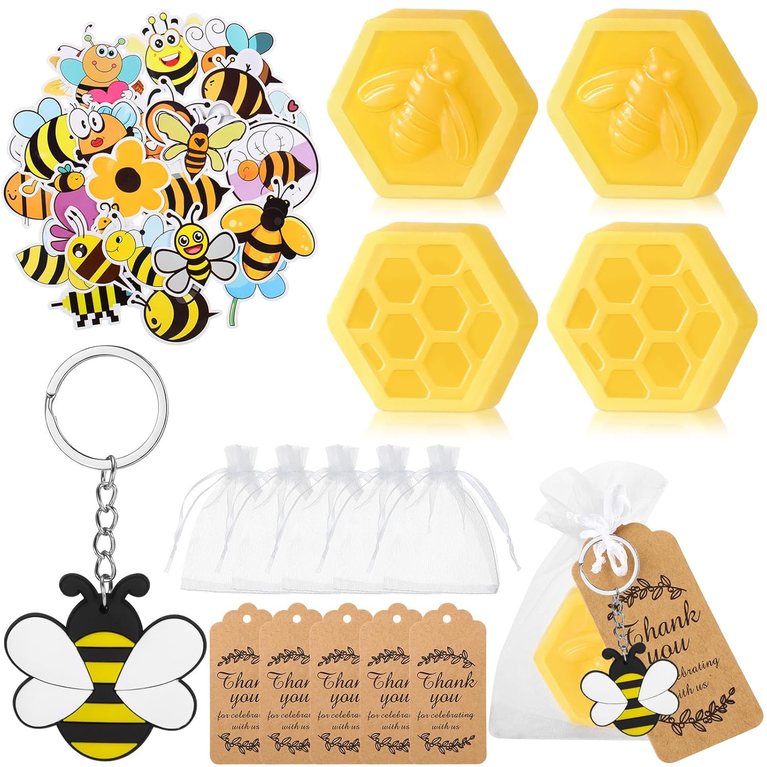 Dansib 50 juegos de jabón de abeja de panal con calcomanías para fiesta de verano, abeja, decoración de fiesta de cumpleaños, novia, boda,