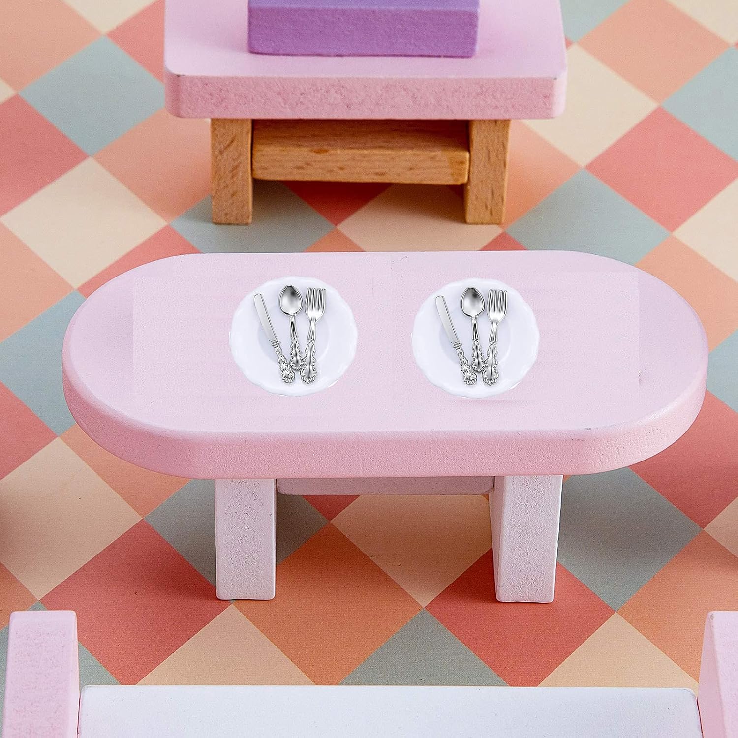 G0lden&Mang0 Juego de 22 muebles de casa de muñecas, 112 decoración de casa de muñecas, 1 mesa de comedor de madera y 4 sillas, 1 alfombra de pavo