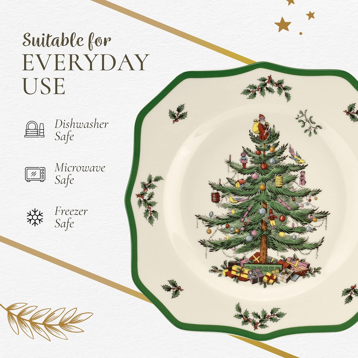 Spode Christmas Tree Scalloped Dinner Plate  Christmas Dinner Dishes  Fine Earthenware  Holiday Large Plates  Dishwasher and Microwave Safe