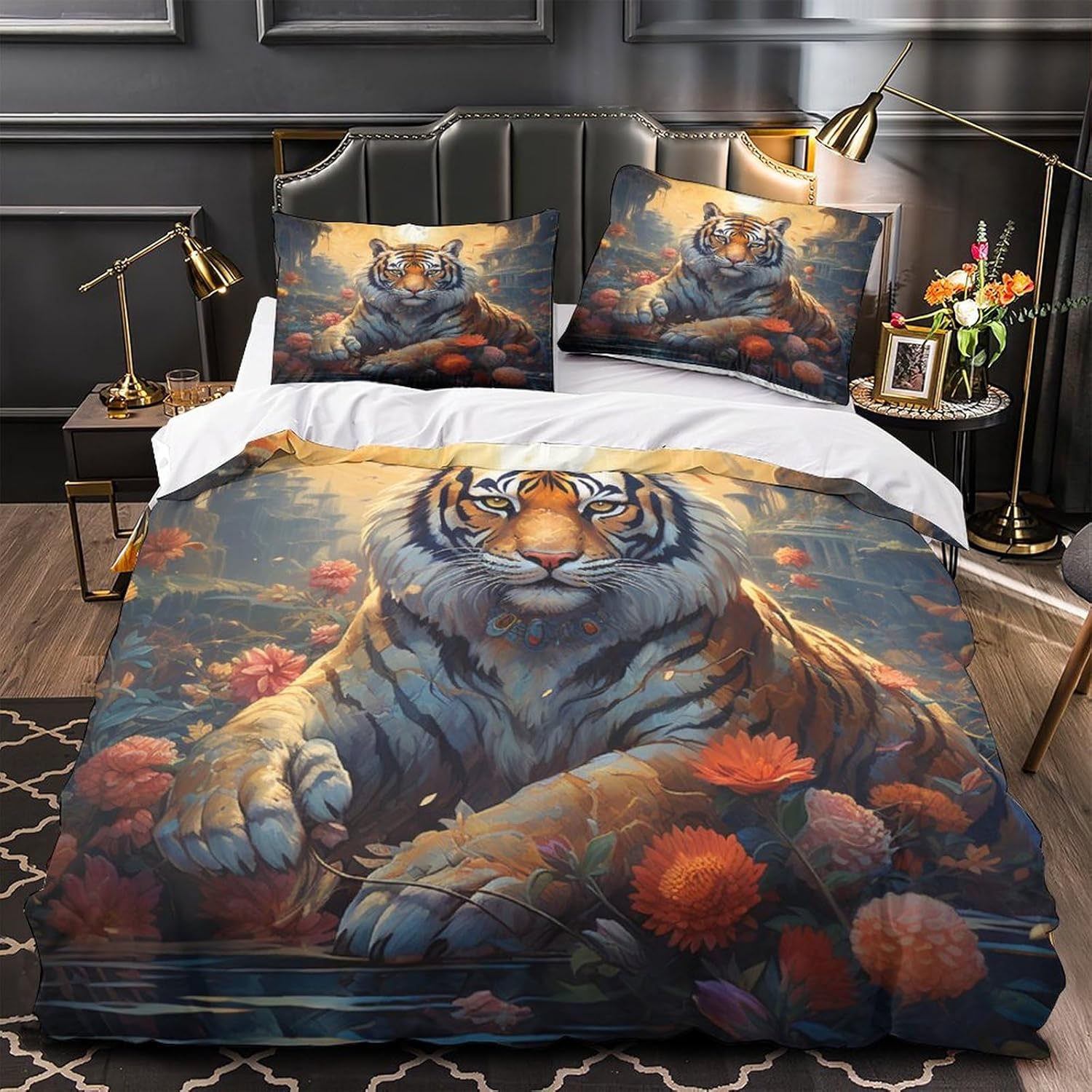 Juego de edredón de tigre con diseño de animales del bosque de tigre, diseño de gatos y perros, diseño de dibujos animados, para niños y niñas,
