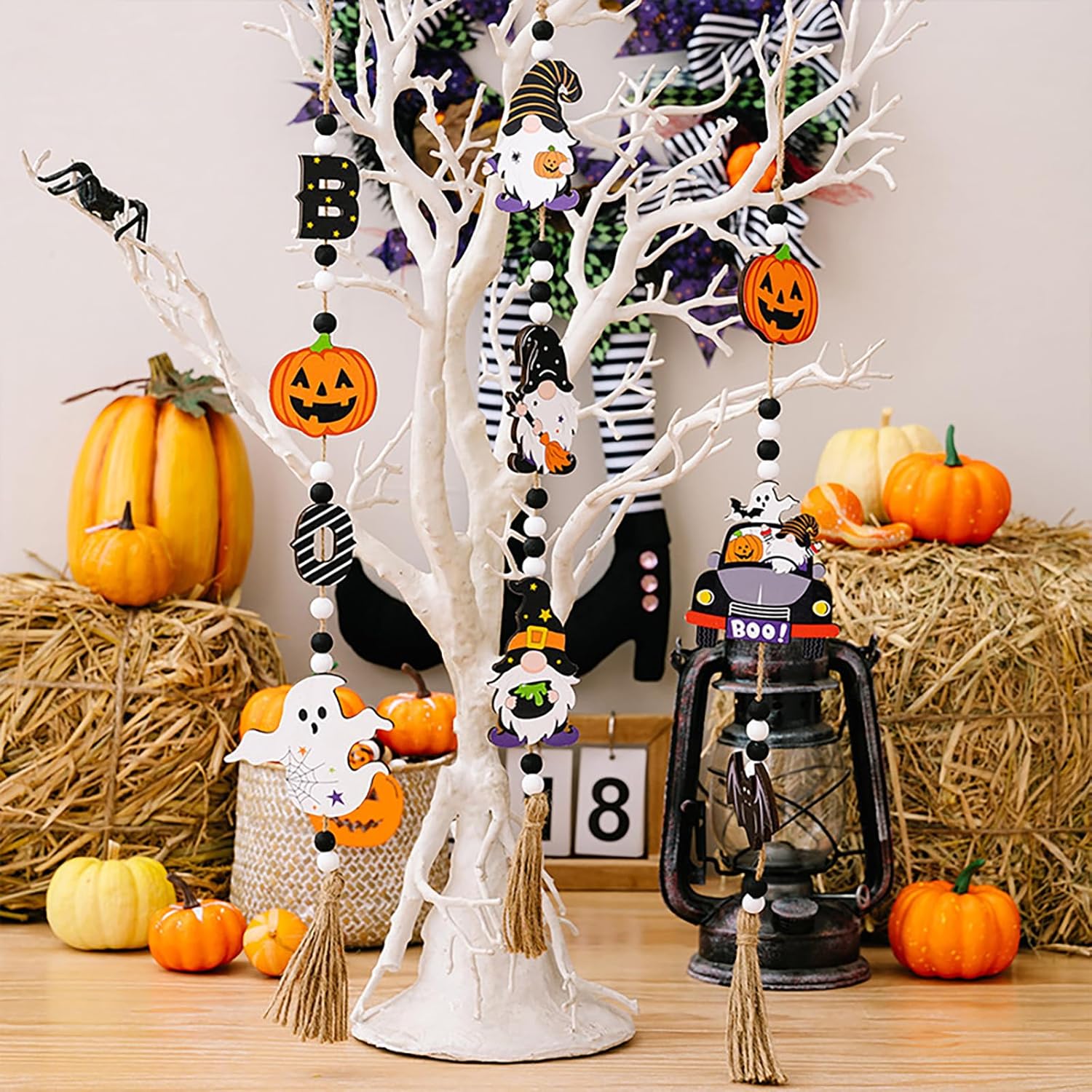 Guirnalda de madera de fantasma de Halloween, decoración de calabaza con borla de yute, letrero de calabaza, naranja y blanco, negro, juego de