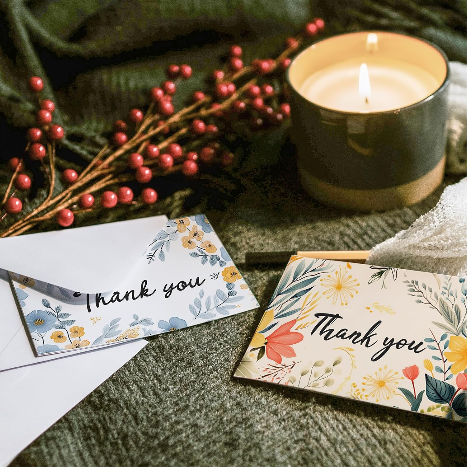 HISDEAR Tarjetas de agradecimiento con sobres y calcomanías, 100 piezas de diseño floral pintado para bodas, baby shower, negocios, despedidas de