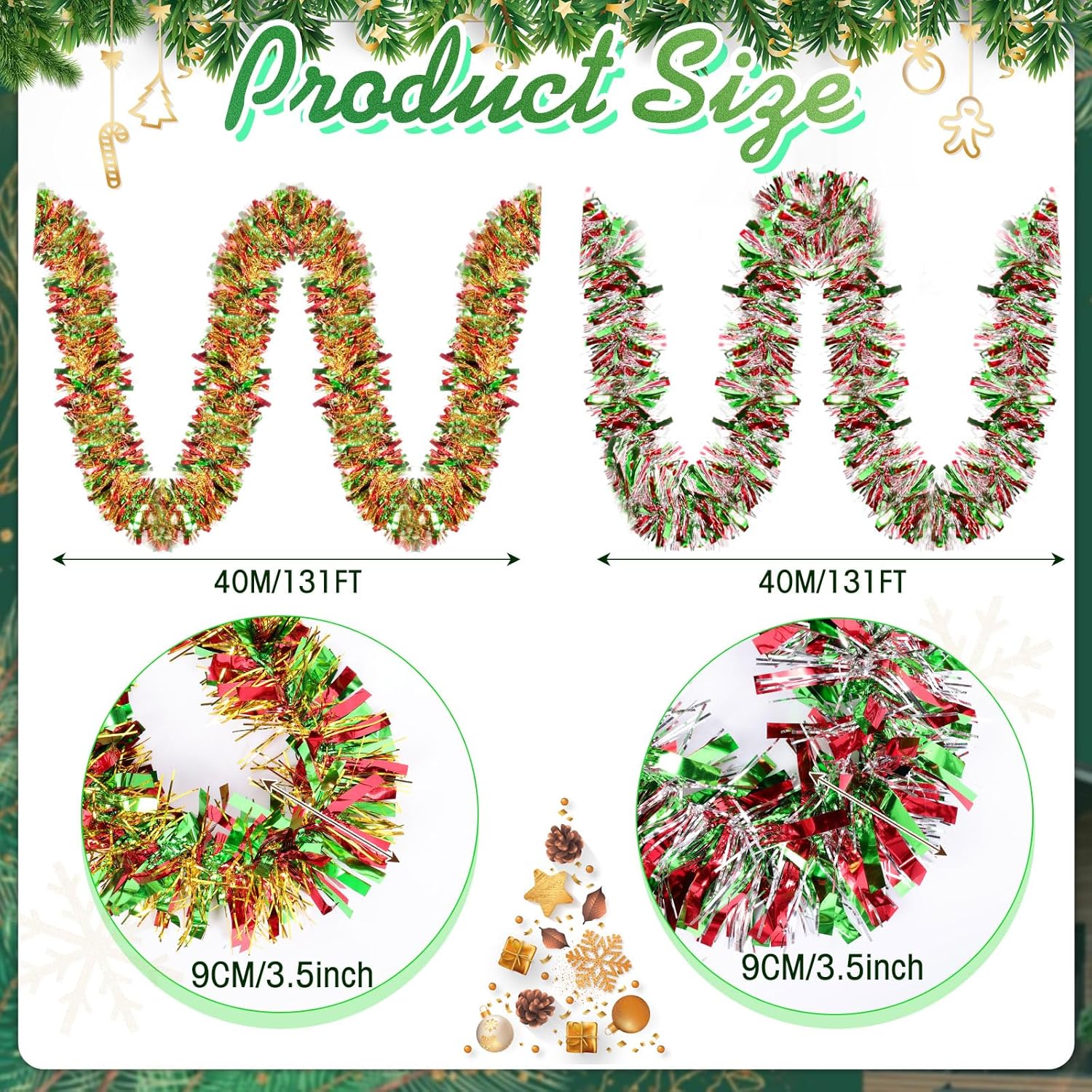 Guirnalda de oropel de Navidad de 131 pies, guirnalda metálica para árbol de Navidad, ornamentos colgantes de techo de papel de aluminio,