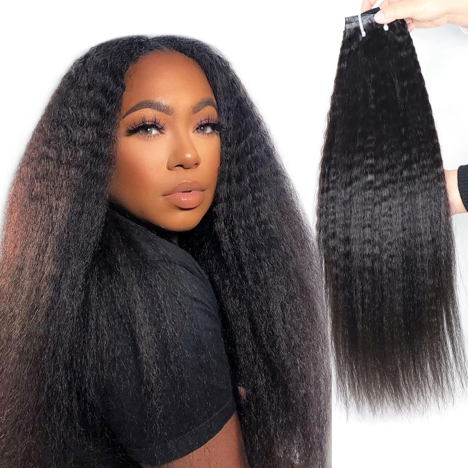 HAPPY&CC Extensiones de cabello humano lacio sin costuras, color negro natural, ultra fino, doble trama, PU invisible, clip, 7 unidades, 20 pulgadas