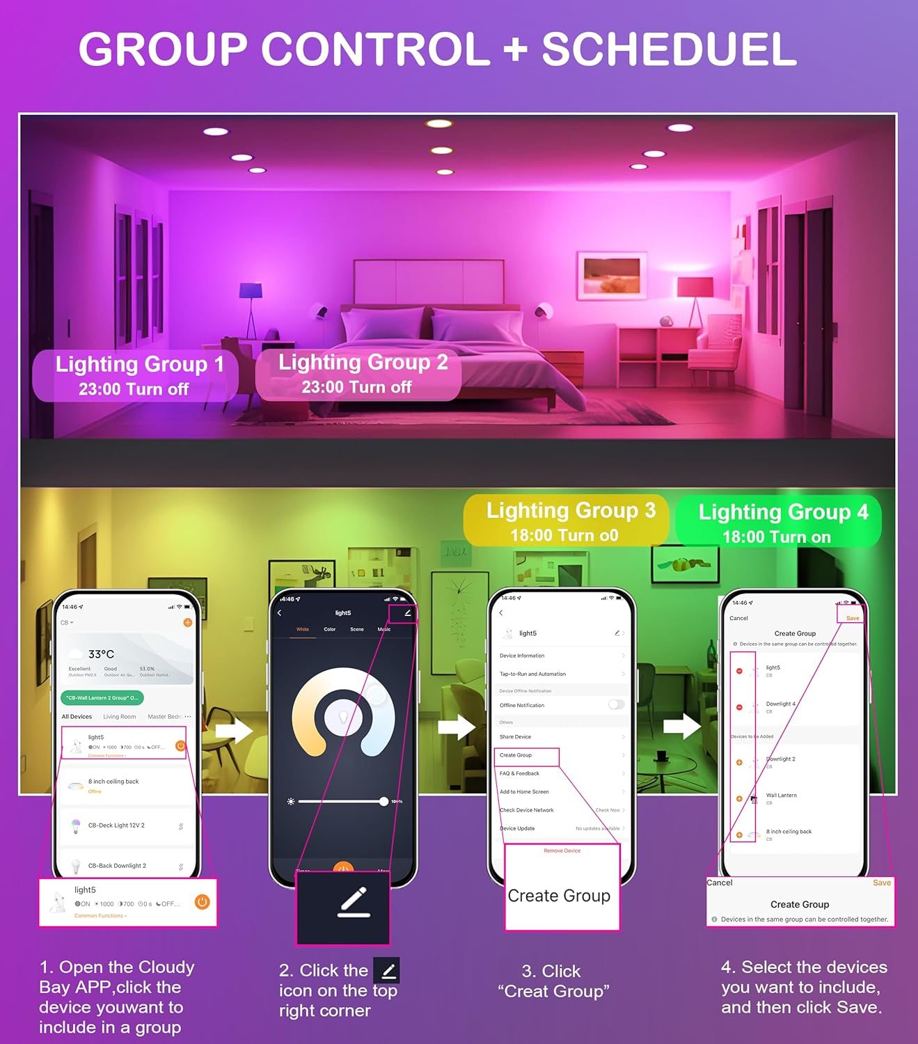 Paquete de 4 luces empotradas ClOUDY BAY con cardán inteligente WiFi de 6 pulgadas cambio de color RGBCW compatible con Alexa y Google Home no - Imagen 6