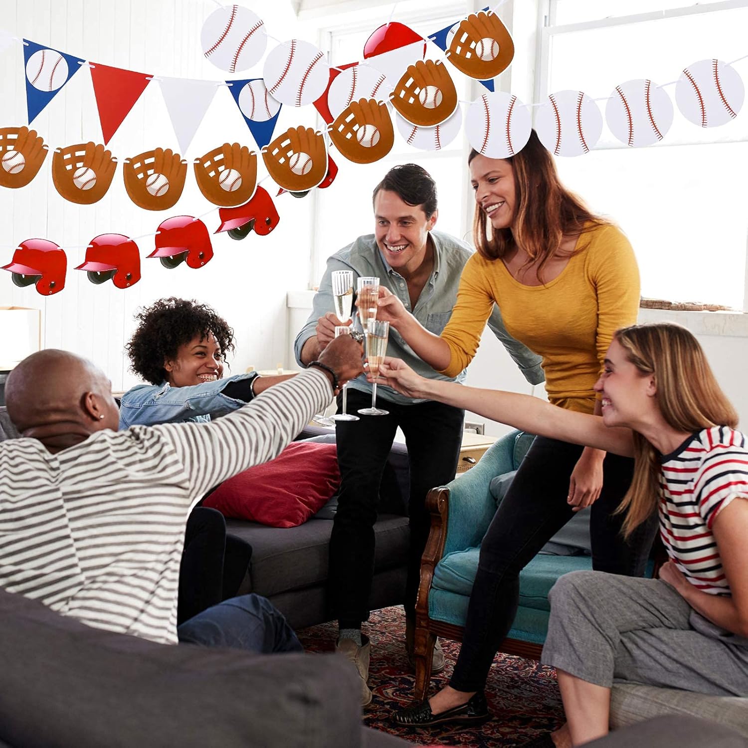 Tatuo 6 banderines de béisbol, banderines de papel, guante de béisbol y gorra de béisbol para decoraciones de fiestas temáticas deportivas,
