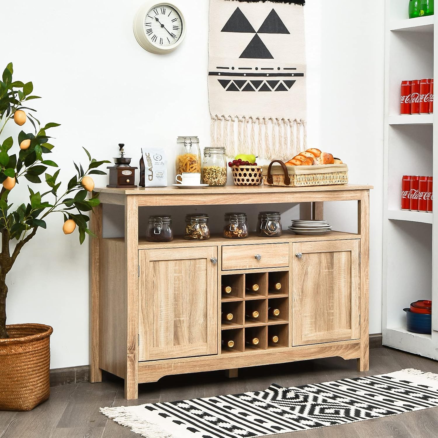 COSTWAY Armario buffet con almacenamiento, aparador de almacenamiento de cocina con 9 estantes para vino, 2 gabinetes, 1 cajón, estante abierto,