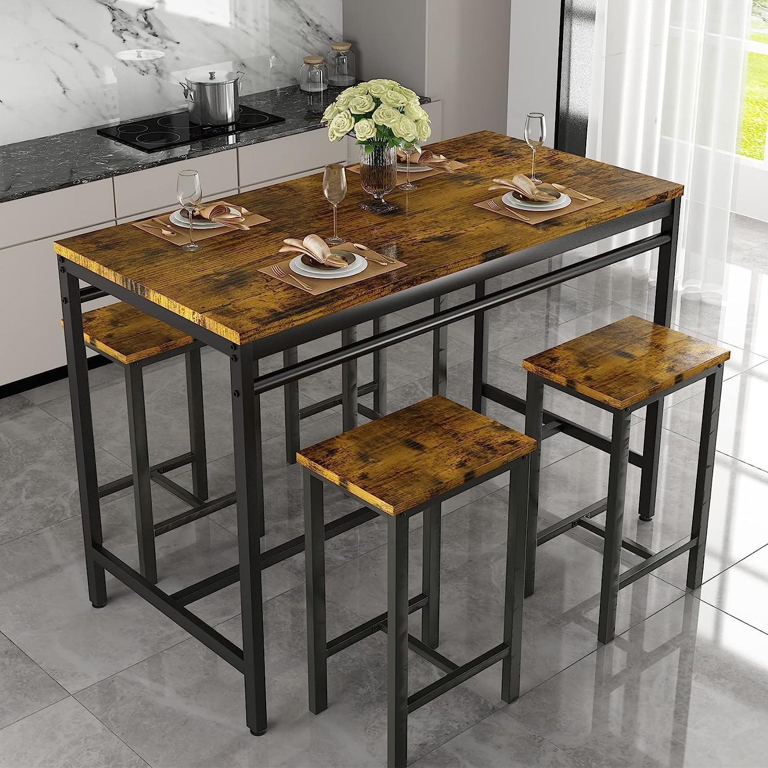 Hooseng Juego de mesa de comedor de 5 piezas, mesa de comedor moderna de altura de barra y juego de bar con 4 sillas, juego de mesa de cocina y