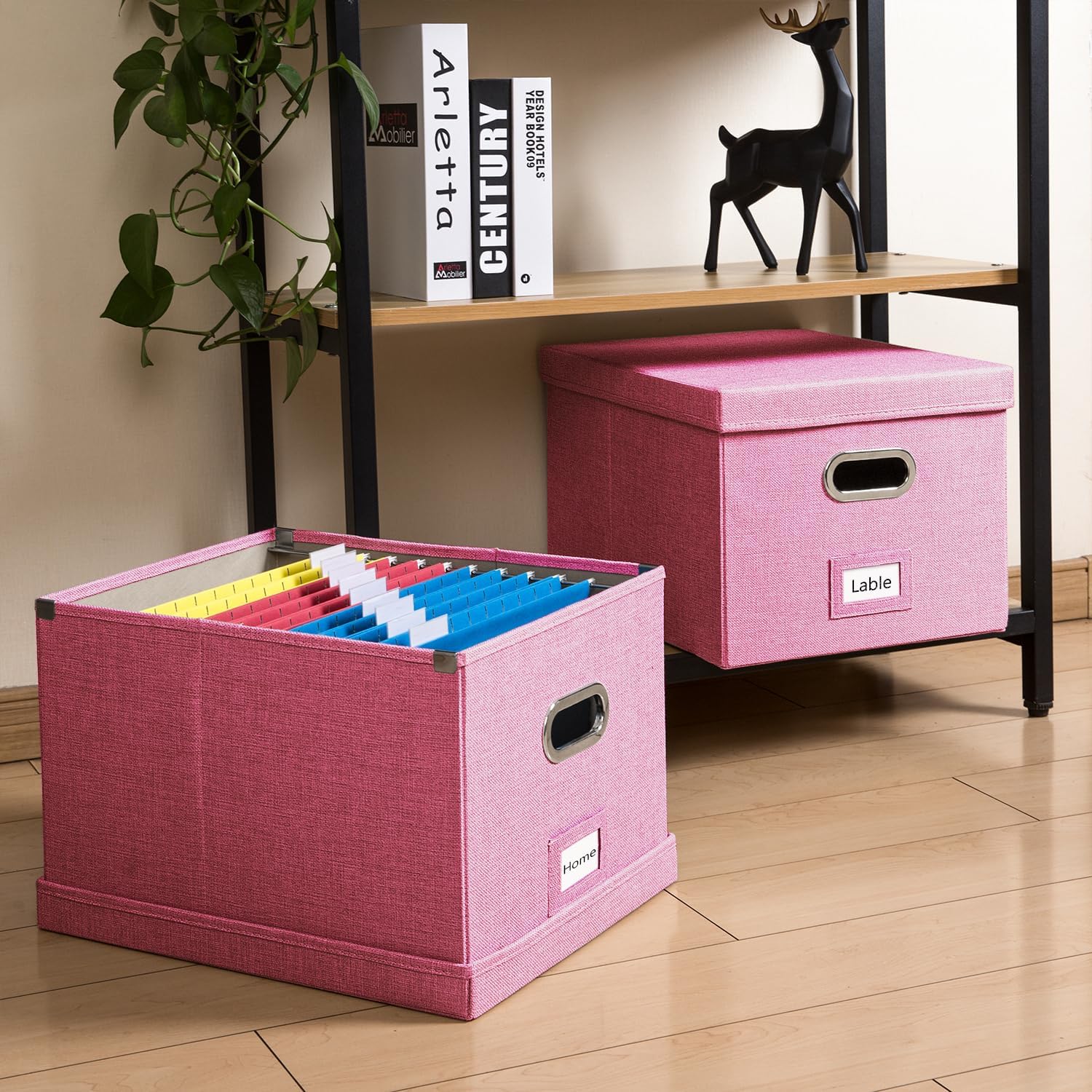 PRANDOM Caja organizadora de archivos, juego de 4 carpetas plegables decorativas de lino para almacenamiento de archivos colgantes con tapas,
