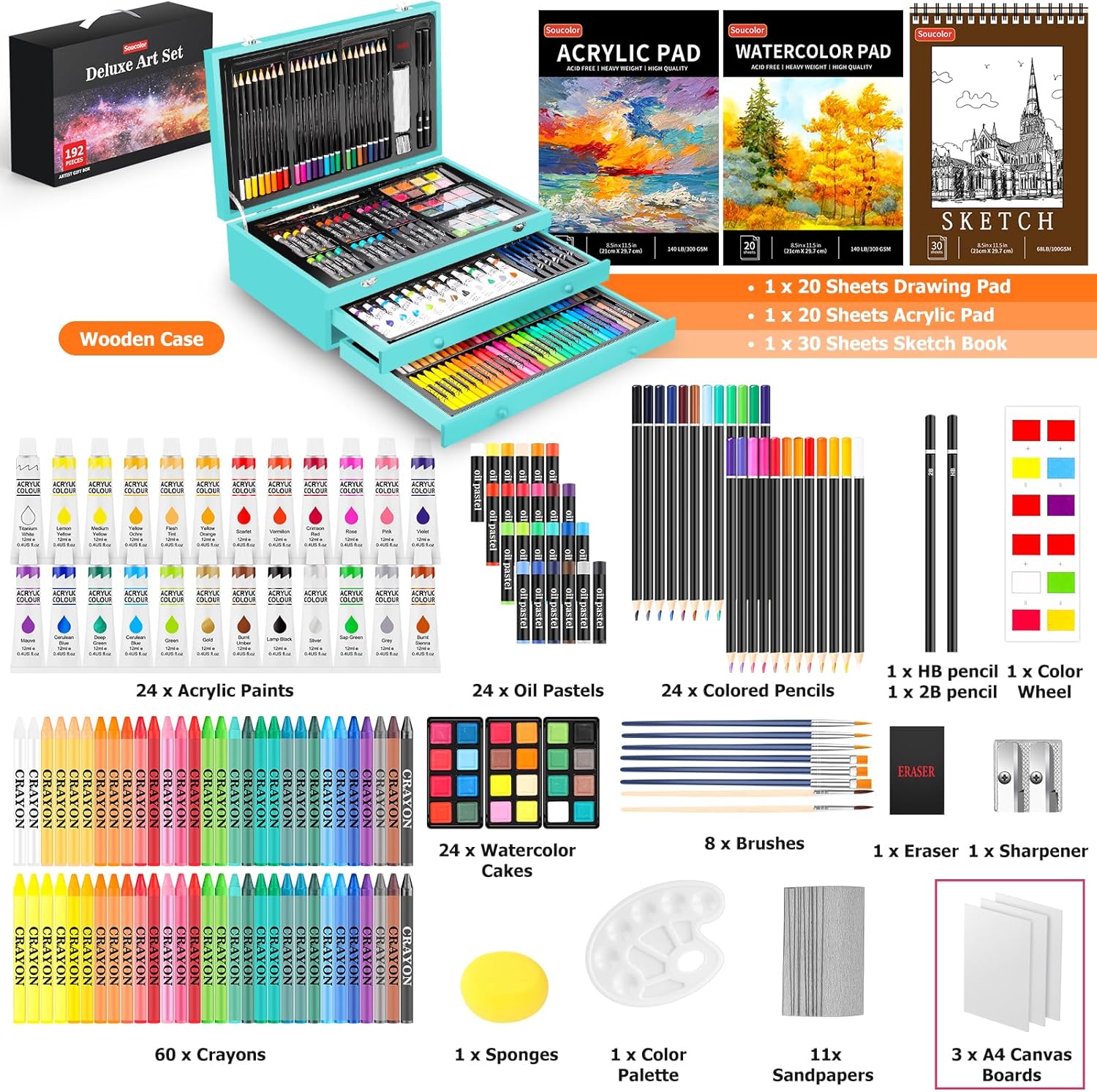 Soucolor Suministros de arte, paquete de 192 piezas de arte de lujo, suministros de pintura de dibujo, kit de arte con almohadilla acrílica,
