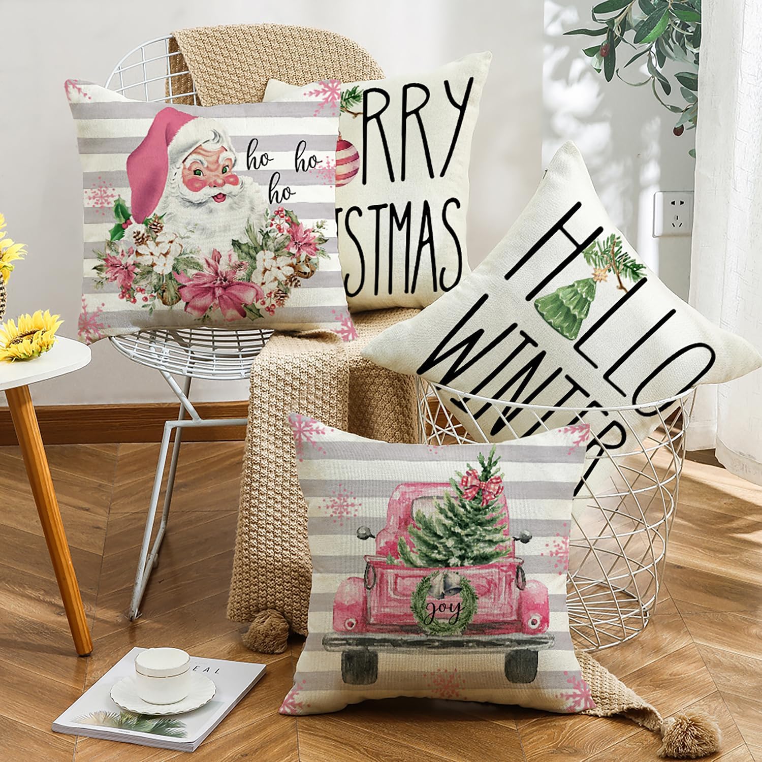 HOOLRO 4 fundas de almohada familiares de Navidad de 18 x 18 pulgadas, fundas de almohada de Navidad rosa con texto en inglés “Merry Winter”, fundas