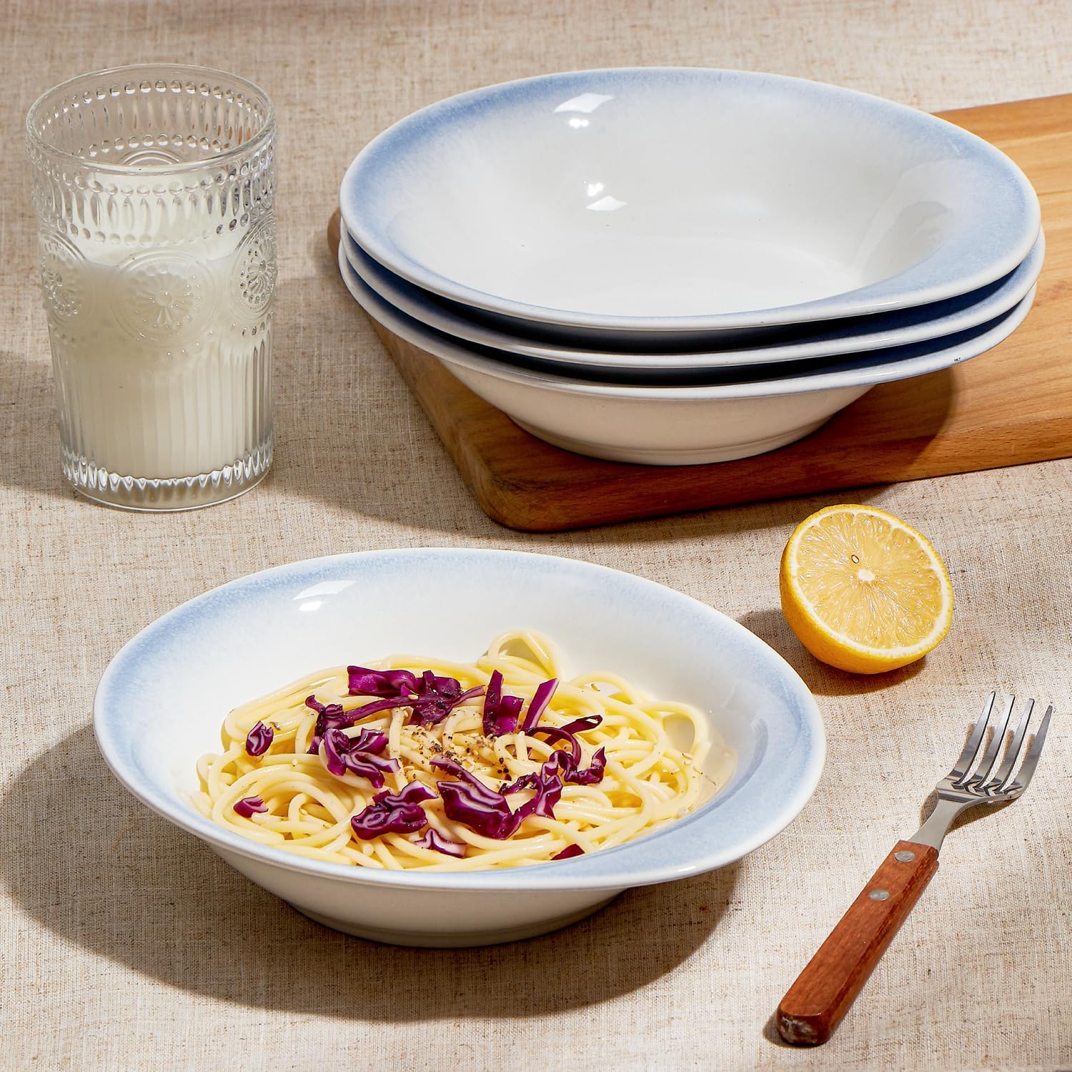 ONEMORE Tazones de sopa aptos para horno, cuencos de cerámica para pasta, de 20 onzas, juego de 4 cuencos de cereales anchos y poco profundos, aptos
