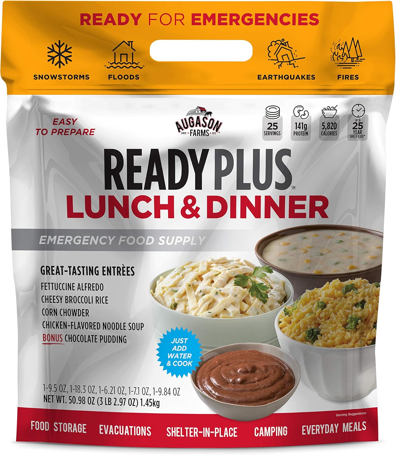 Augason Farms READY PLUS Suministro de alimentos de emergencia para almuerzo y cena  Vida útil de 25 años