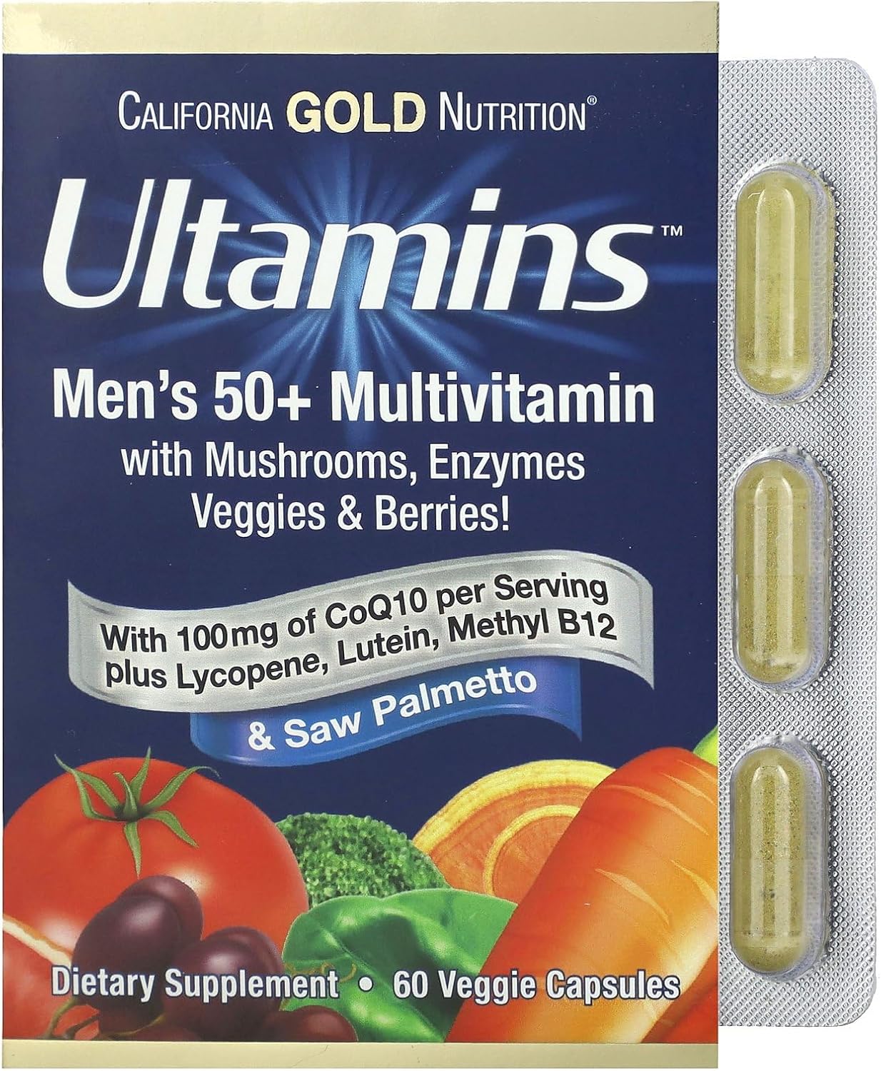 Ultamins – Multivitamínico para hombres 50+ con CoQ10, hongos, enzimas, verduras y bayas, 60 cápsulas vegetales, California Gold Nutrition